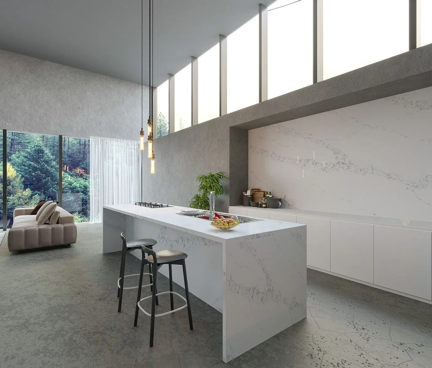 Image of installed Vicostone Statuario Quartz countertops