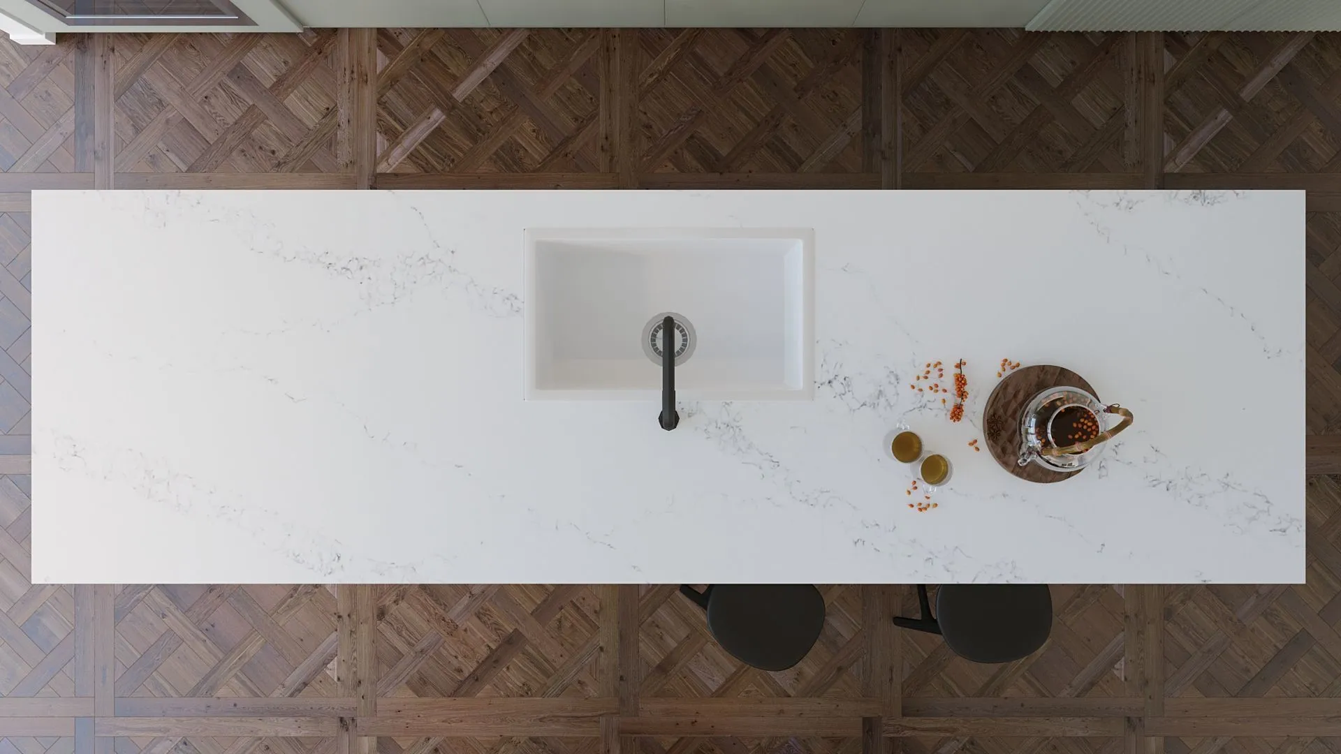 Image of installed Vicostone Statuario Quartz countertops