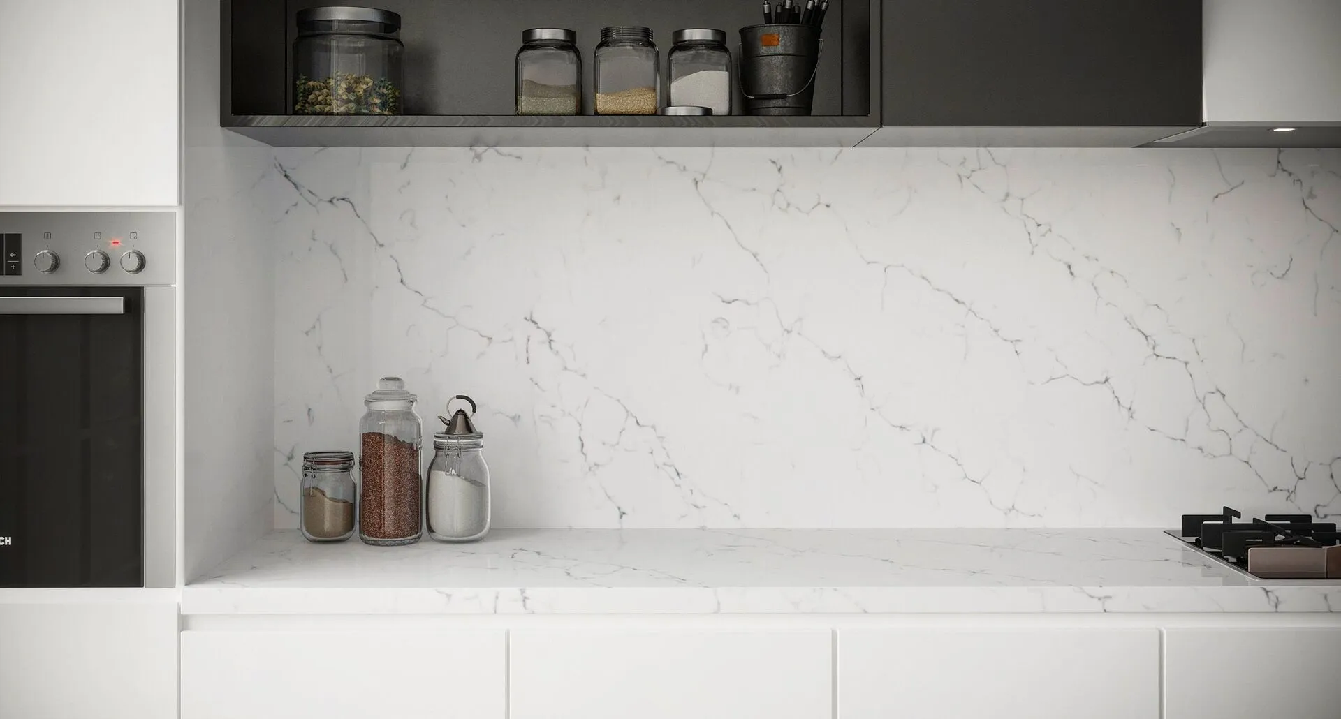 Image of installed Vicostone Venatino Quartz countertops