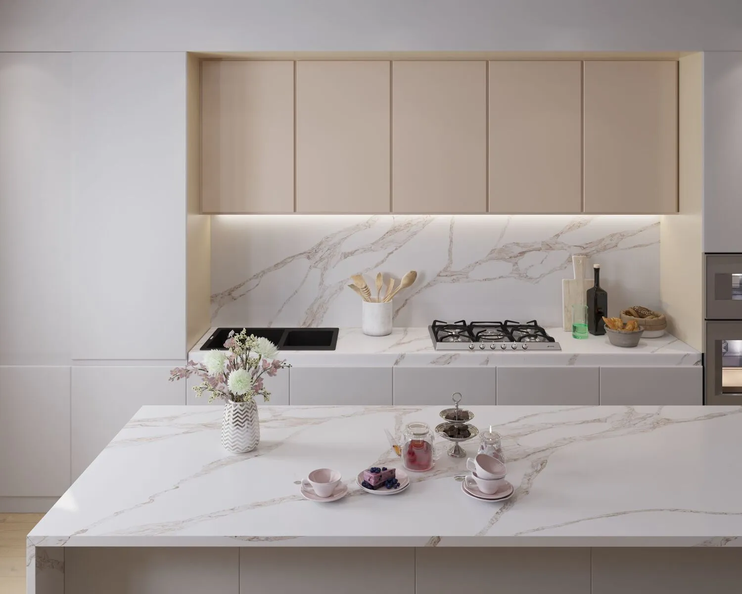 Image of installed Vicostone Vivalioro Quartz countertops