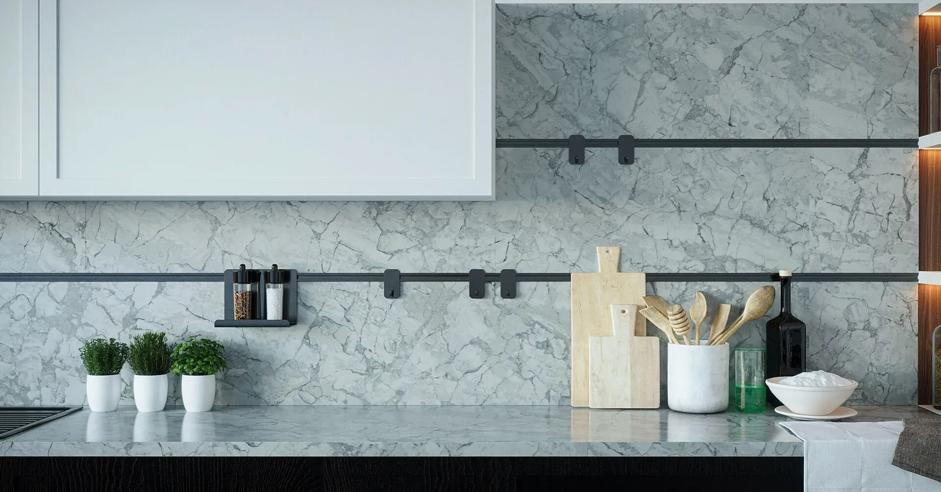 Image of installed Vicostone Bahia Quartz countertops