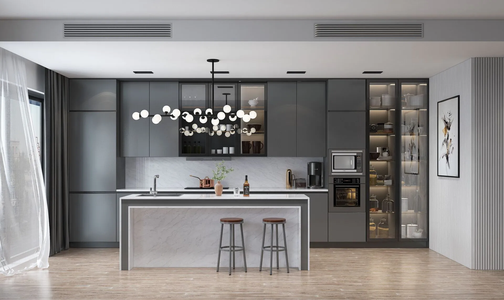 Image of installed Vicostone Volakano Grey Quartz countertops