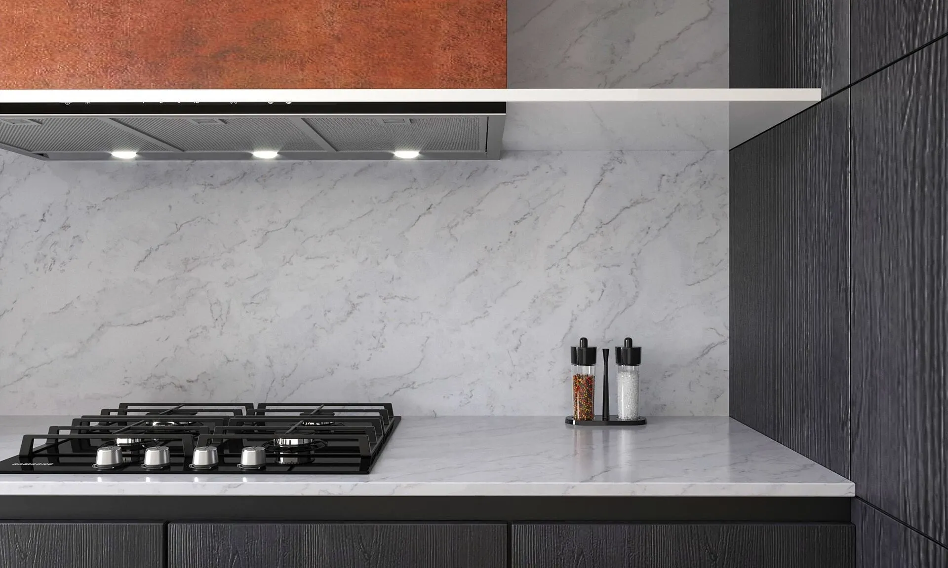 Image of installed Vicostone Volakano Grey Quartz countertops