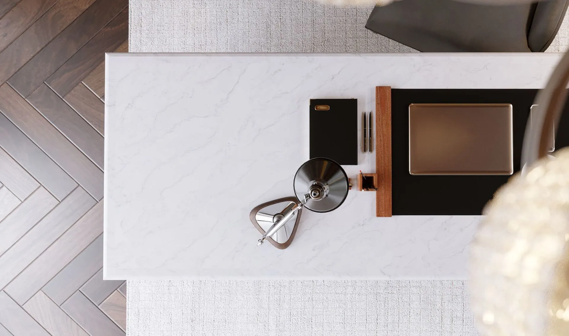 Image of installed Vicostone Volakano Grey Quartz countertops