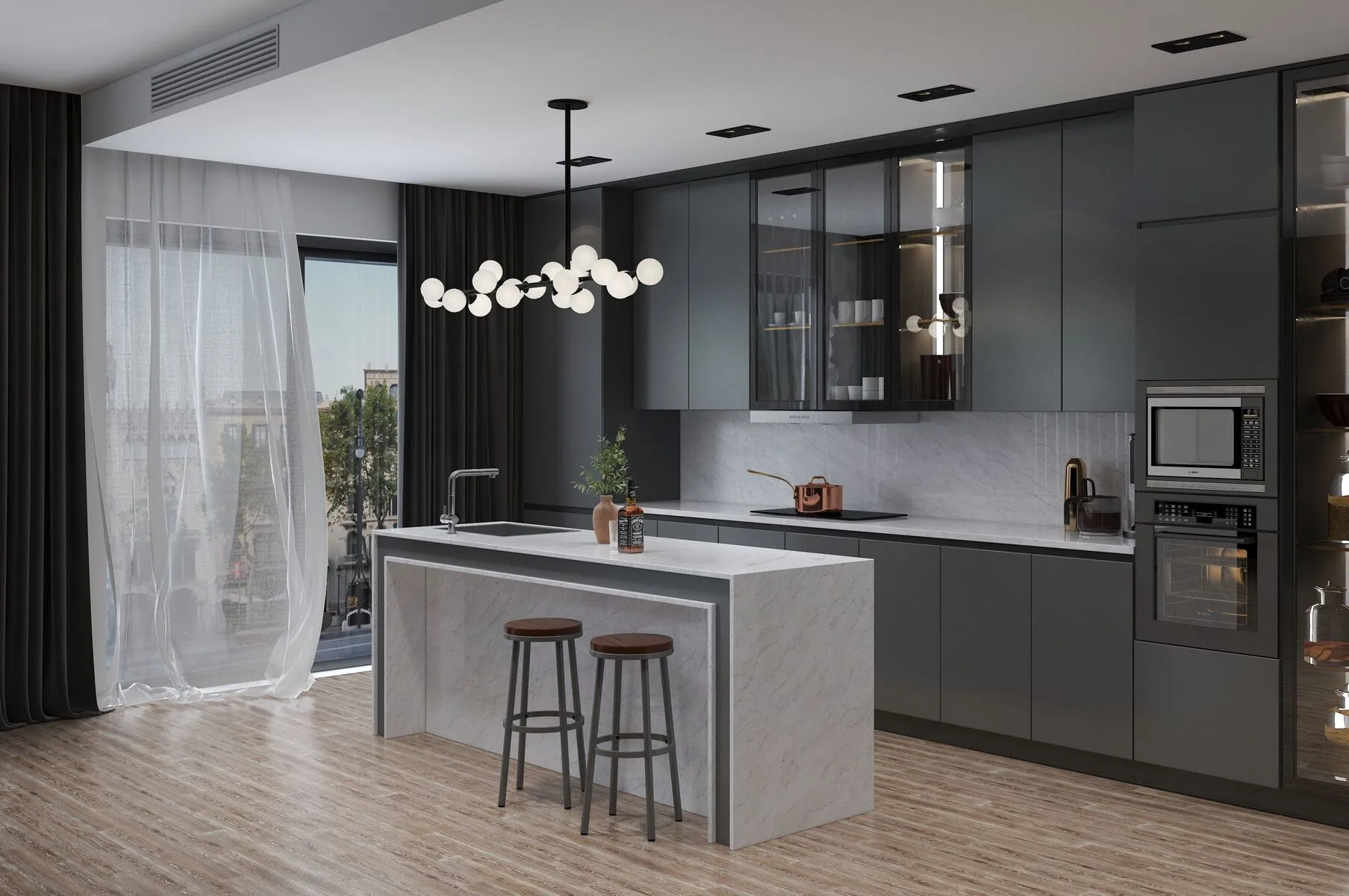 Image of installed Vicostone Volakano Grey Quartz countertops