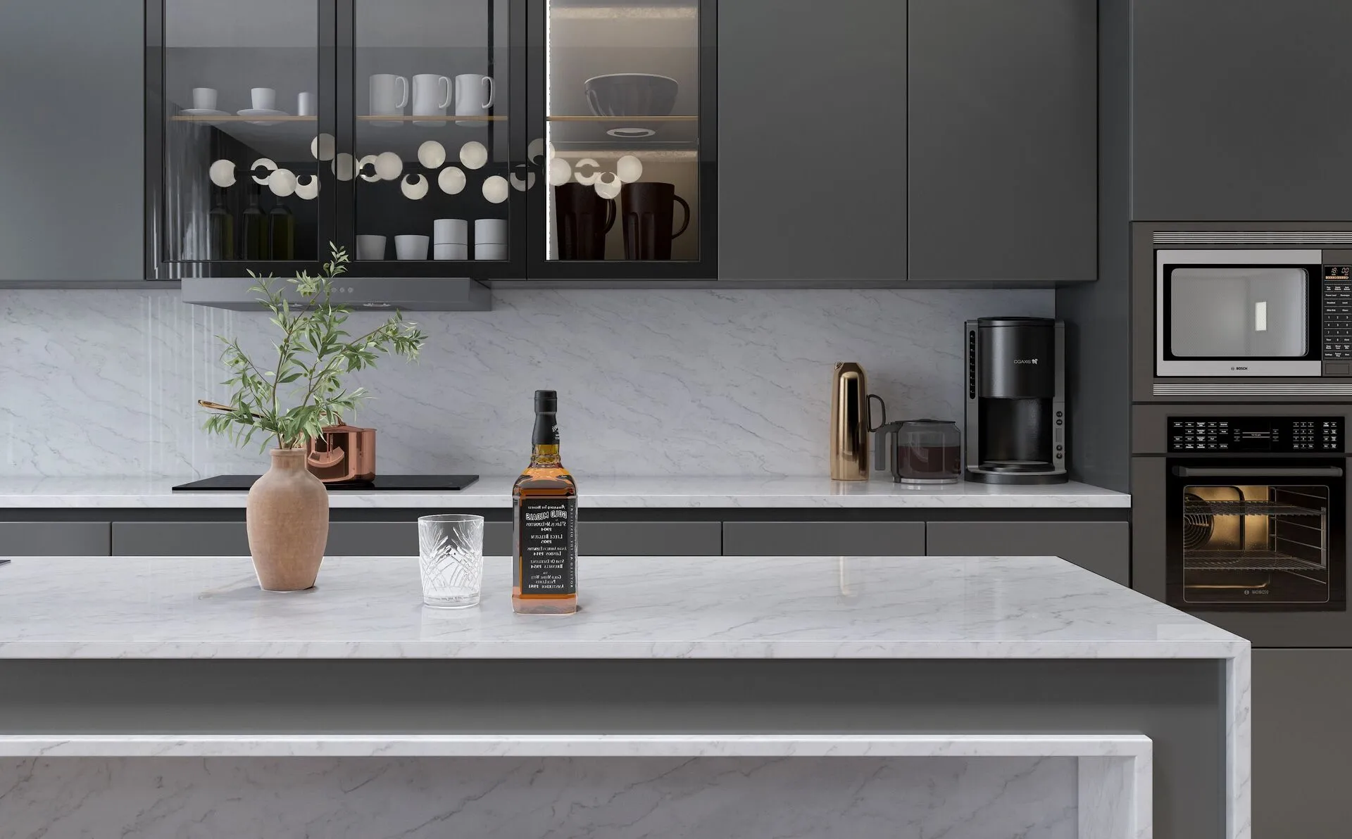 Image of installed Vicostone Volakano Grey Quartz countertops