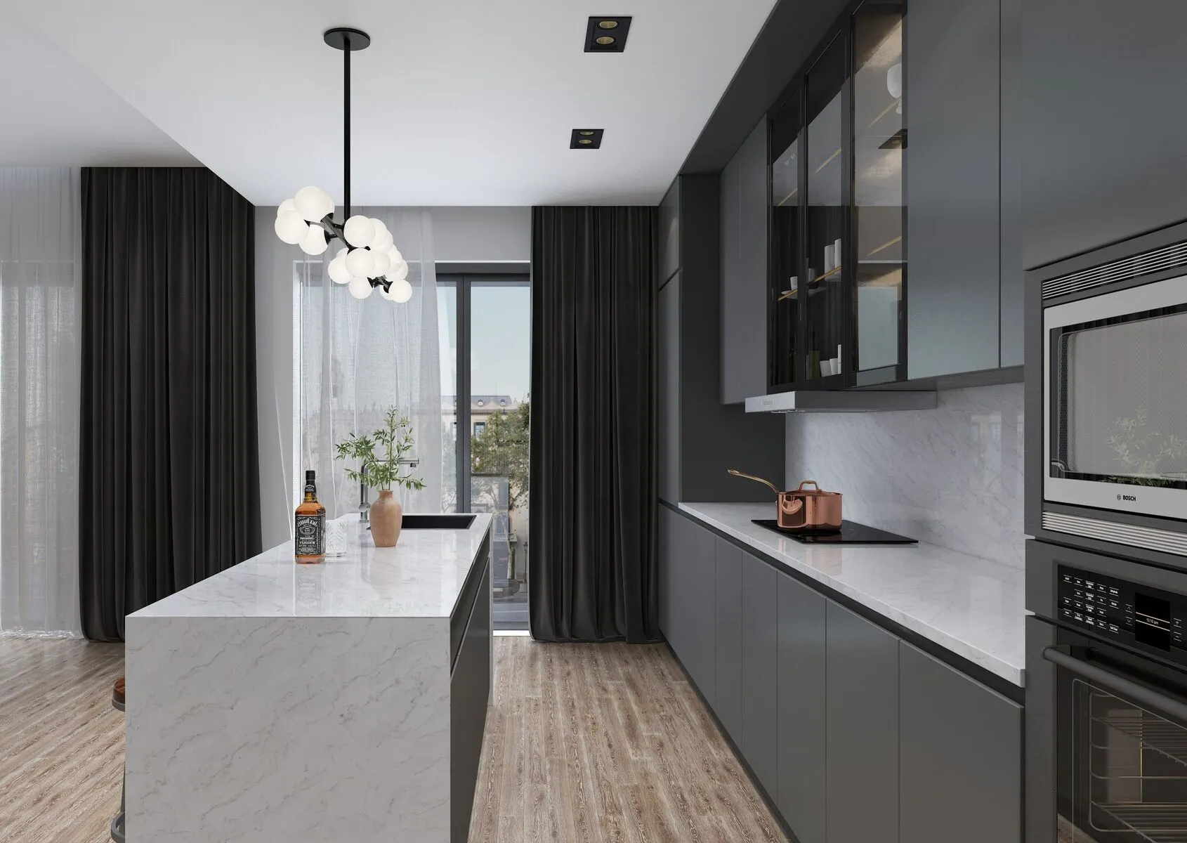 Image of installed Vicostone Volakano Grey Quartz countertops