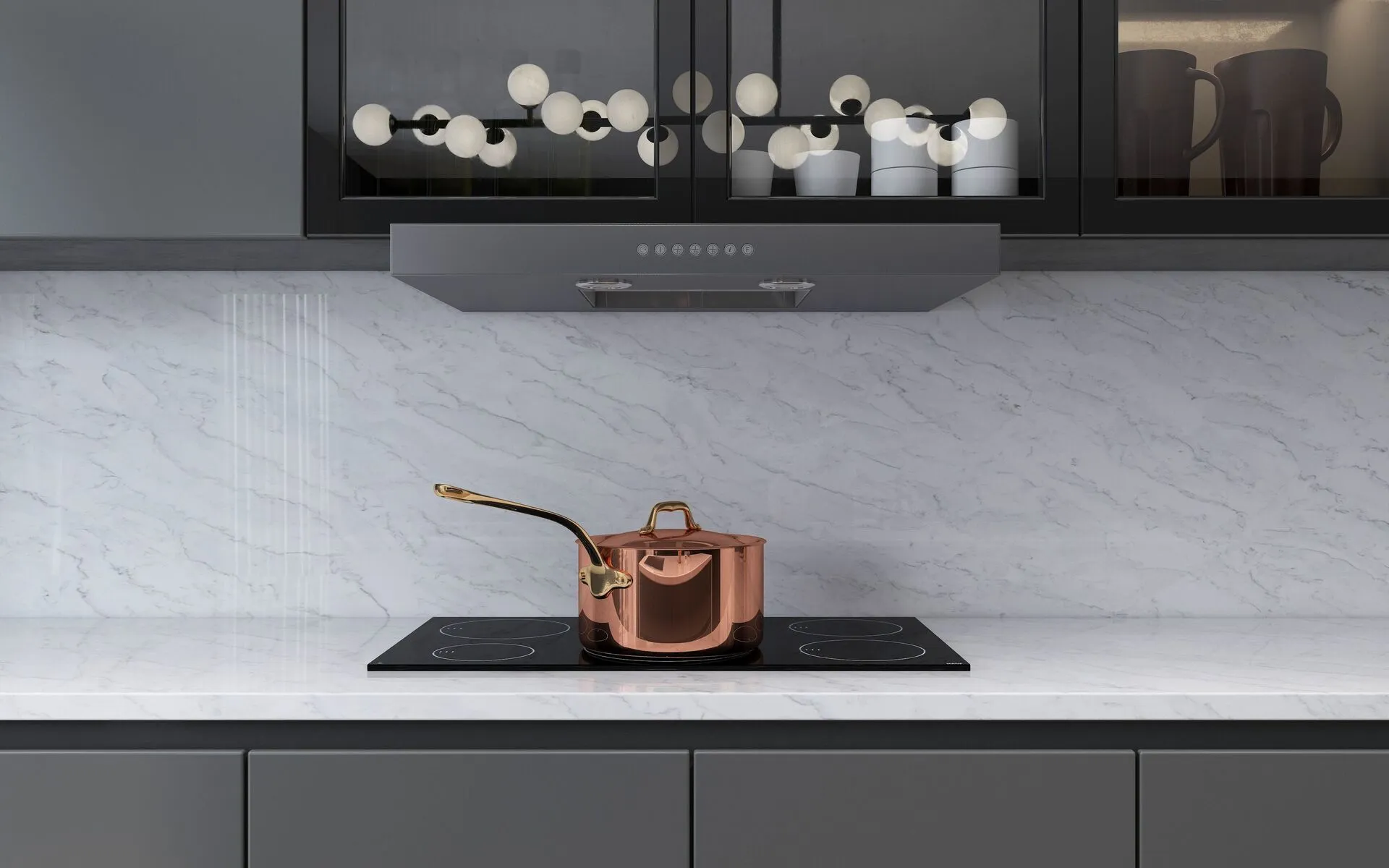 Image of installed Vicostone Volakano Grey Quartz countertops