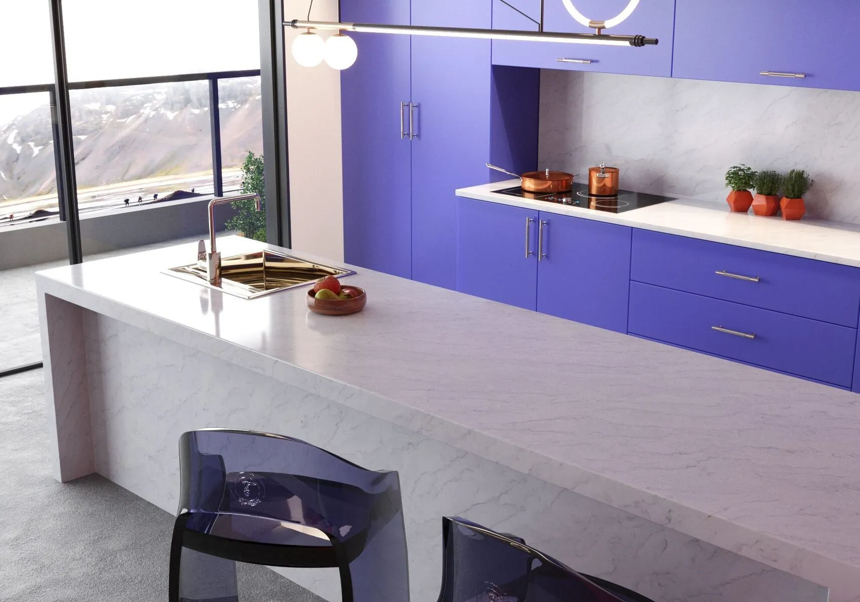 Image of installed Vicostone Volakano Grey Quartz countertops