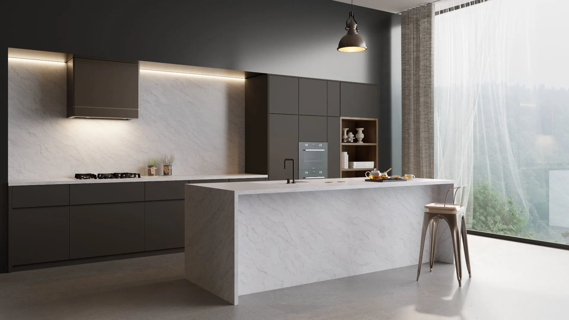 Image of installed Vicostone Volakano Grey Quartz countertops