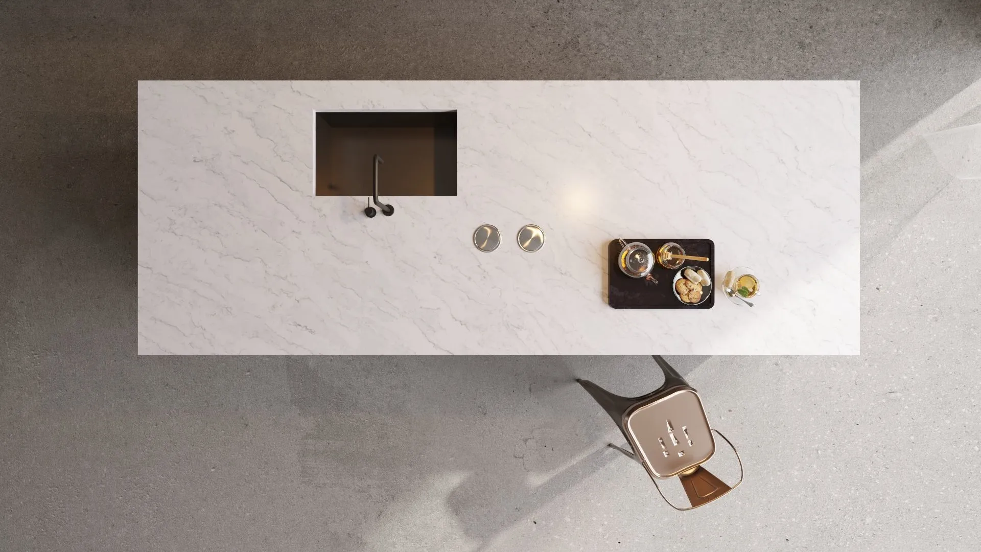 Image of installed Vicostone Volakano Grey Quartz countertops