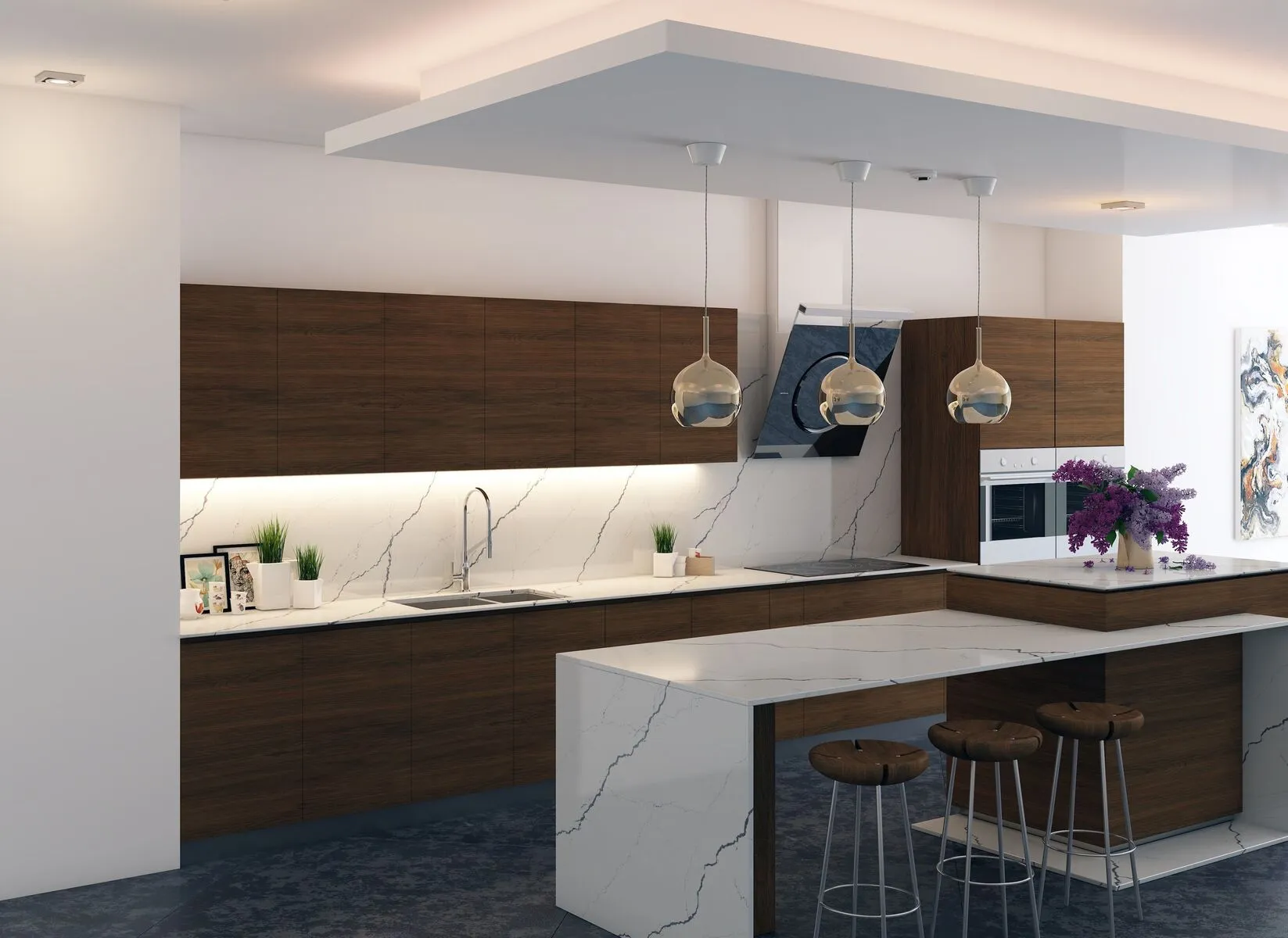 Image of installed Vicostone Greylac White Quartz countertops