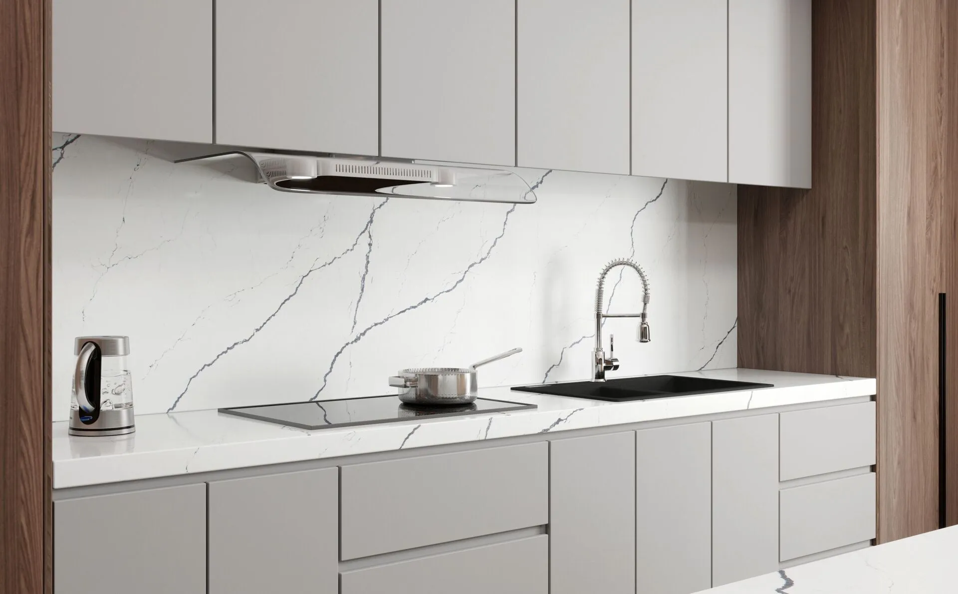 Image of installed Vicostone Greylac White Quartz countertops