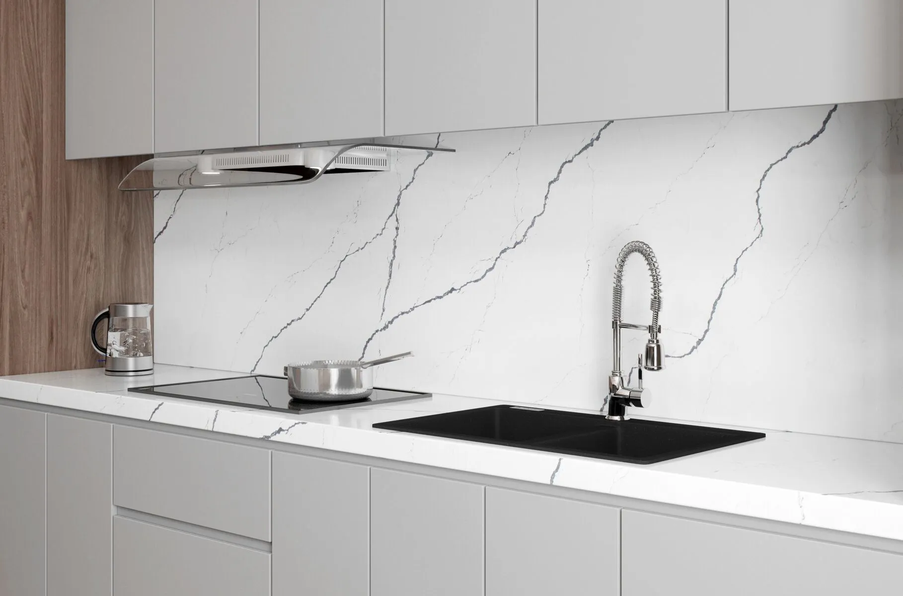 Image of installed Vicostone Greylac White Quartz countertops