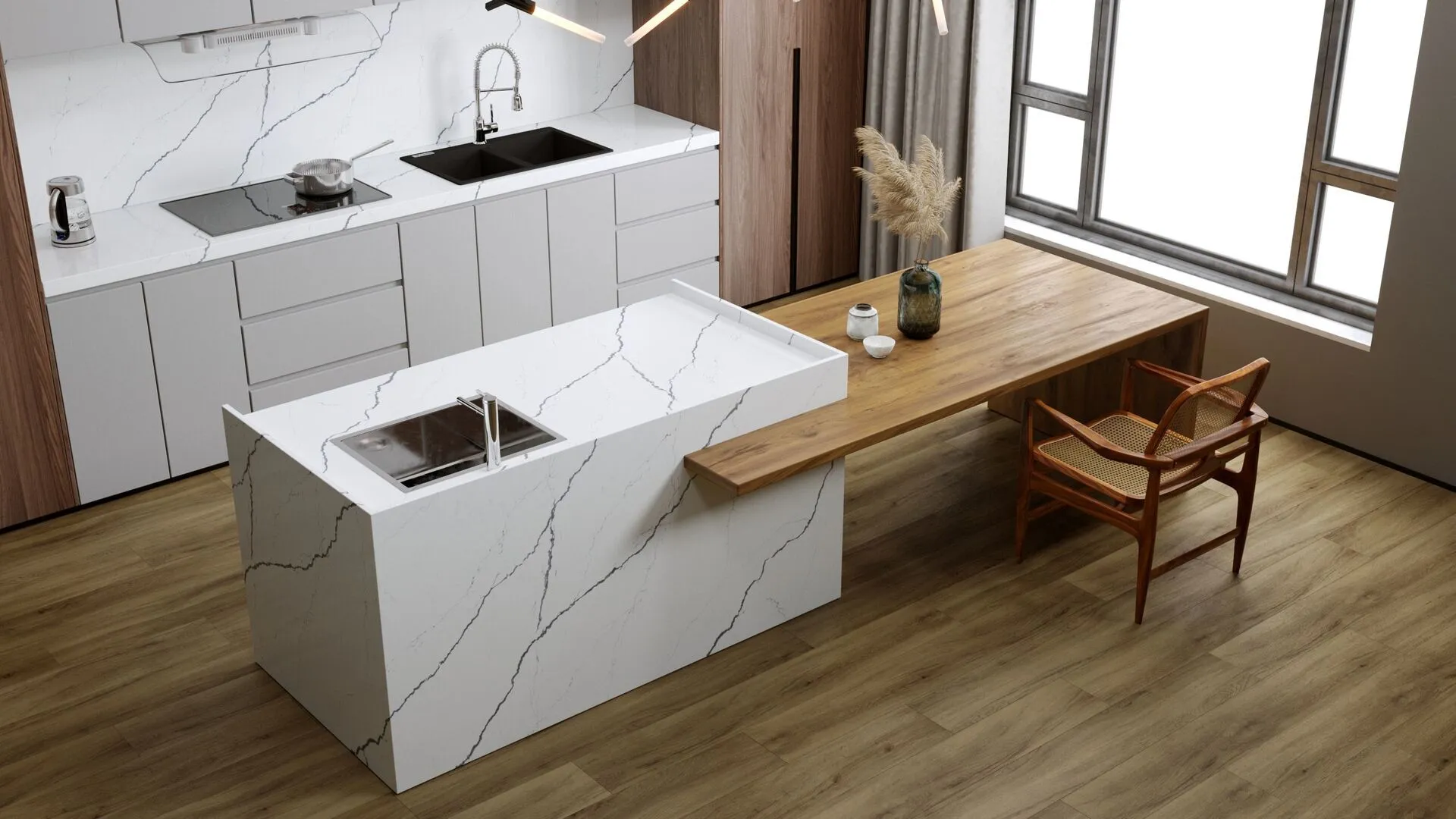 Image of installed Vicostone Greylac White Quartz countertops