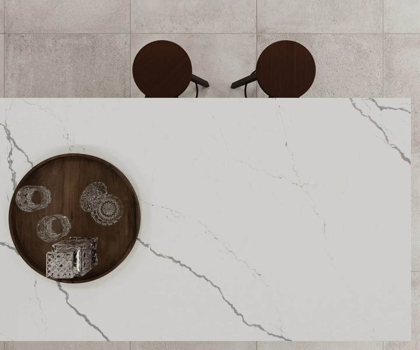 Image of installed Vicostone Greylac White Quartz countertops