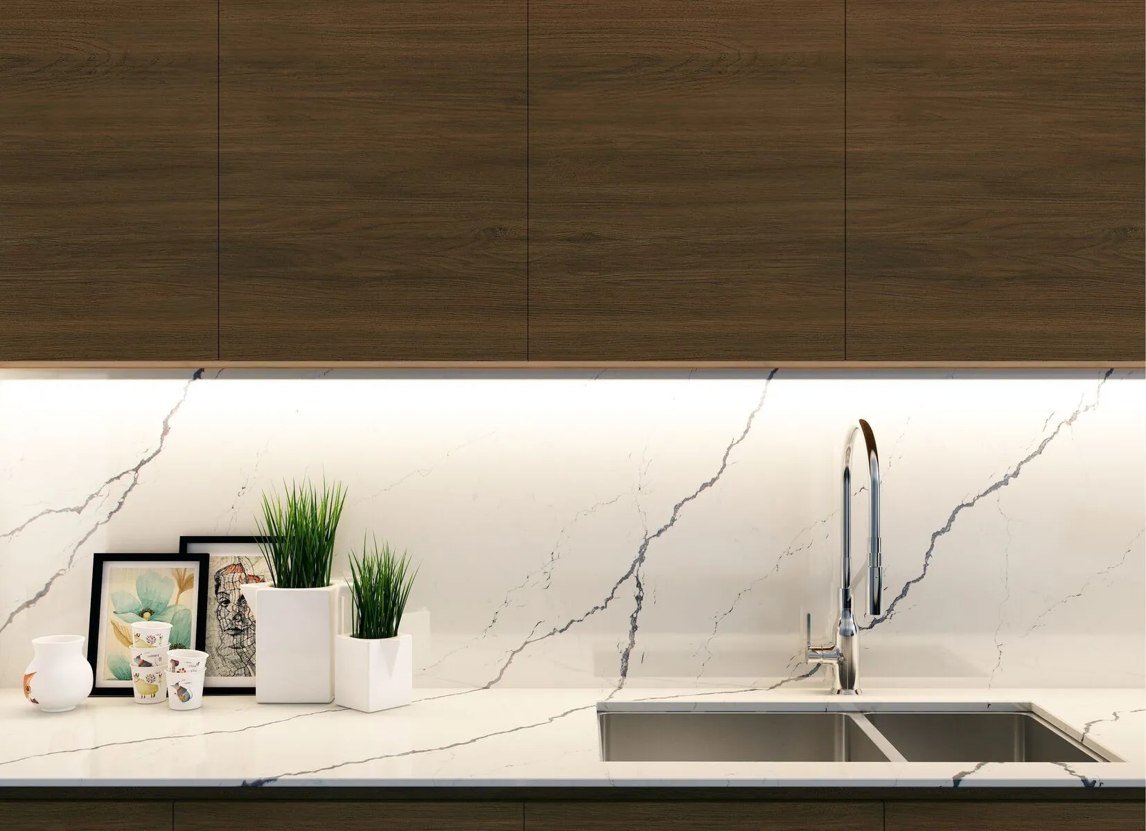 Image of installed Vicostone Greylac White Quartz countertops