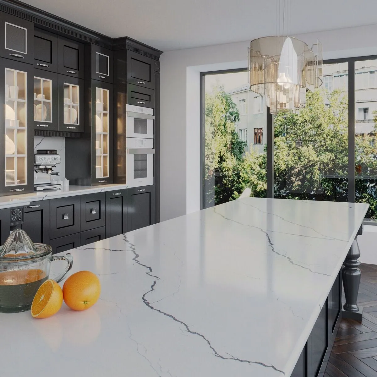 Image of installed Vicostone Greylac White Quartz countertops