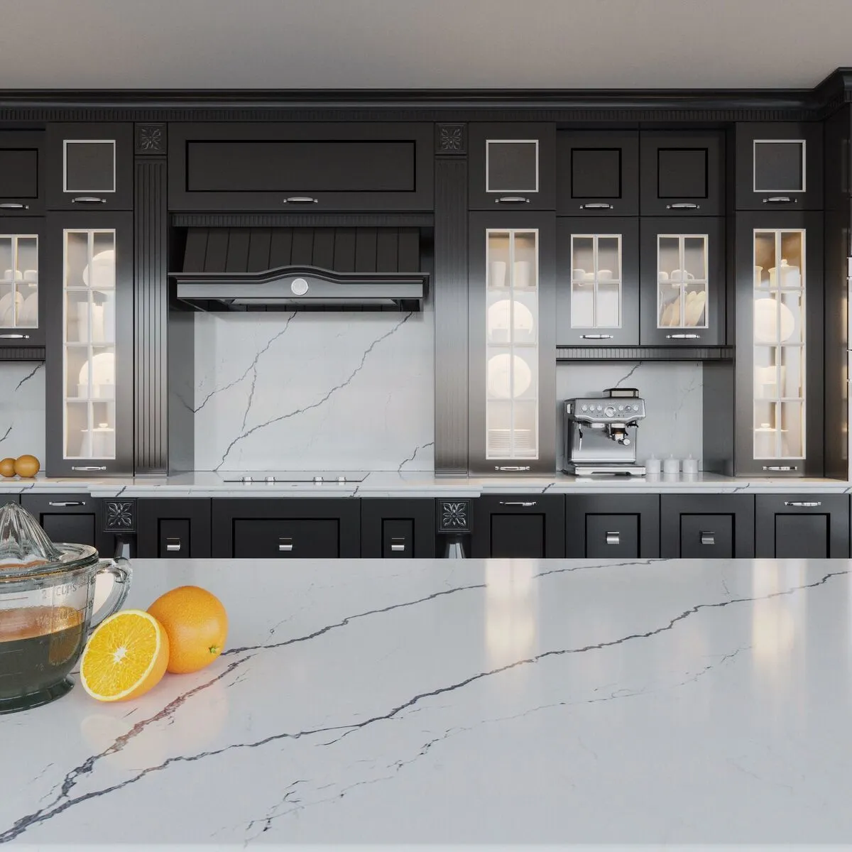 Image of installed Vicostone Greylac White Quartz countertops