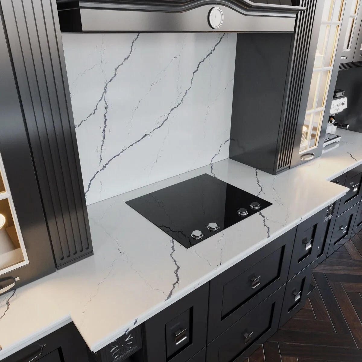 Image of installed Vicostone Greylac White Quartz countertops