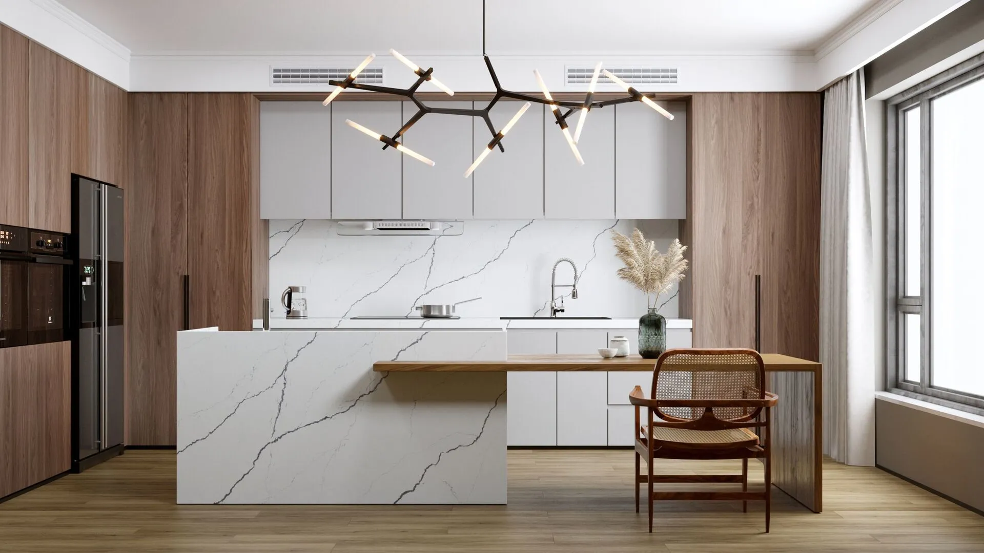 Image of installed Vicostone Greylac White Quartz countertops