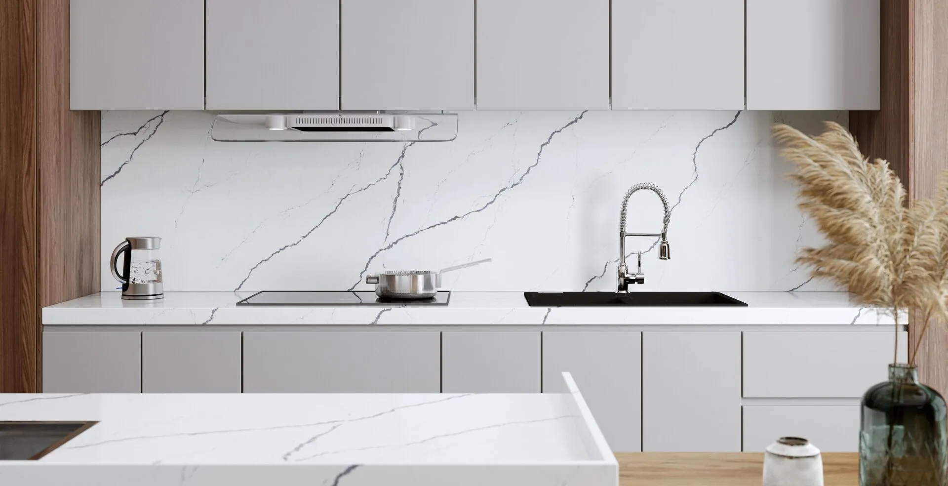 Image of installed Vicostone Greylac White Quartz countertops