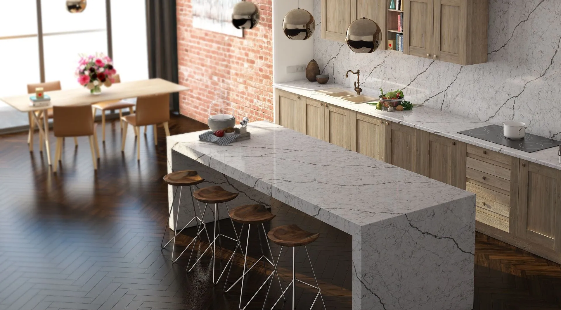 Image of installed Vicostone Diamante Grey Quartz countertops