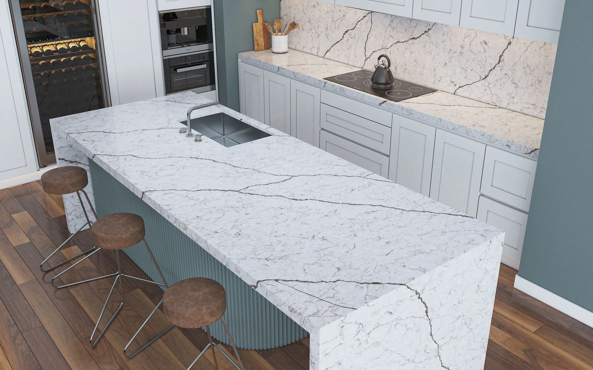 Image of installed Vicostone Diamante Grey Quartz countertops