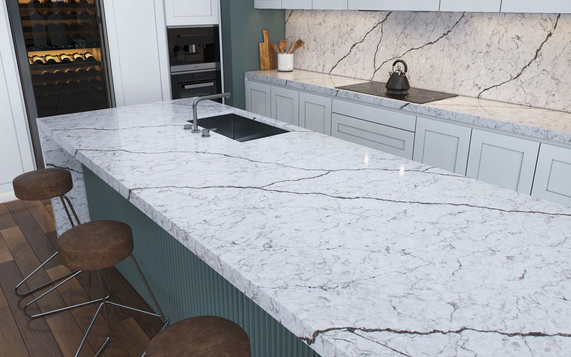 Image of installed Vicostone Diamante Grey Quartz countertops