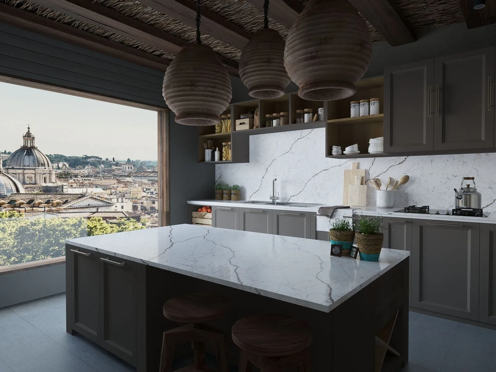 Image of installed Vicostone Diamante Grey Quartz countertops