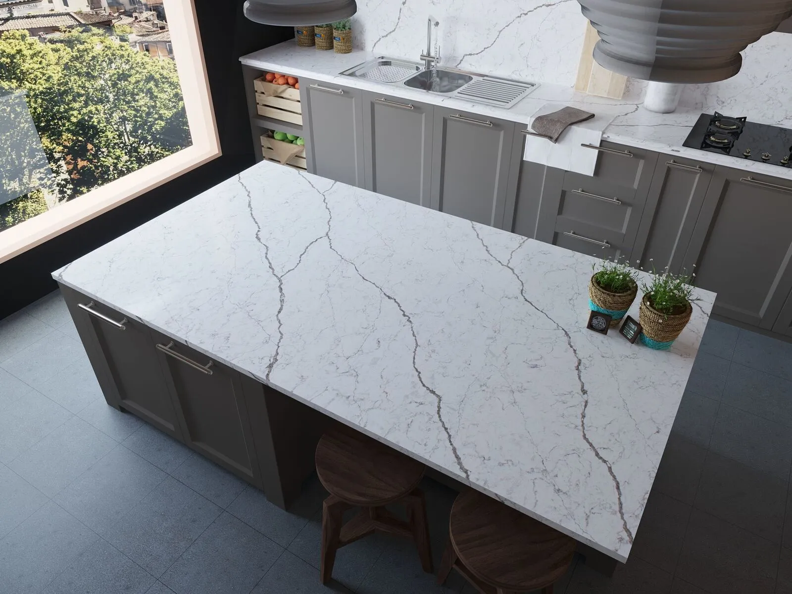 Image of installed Vicostone Diamante Grey Quartz countertops