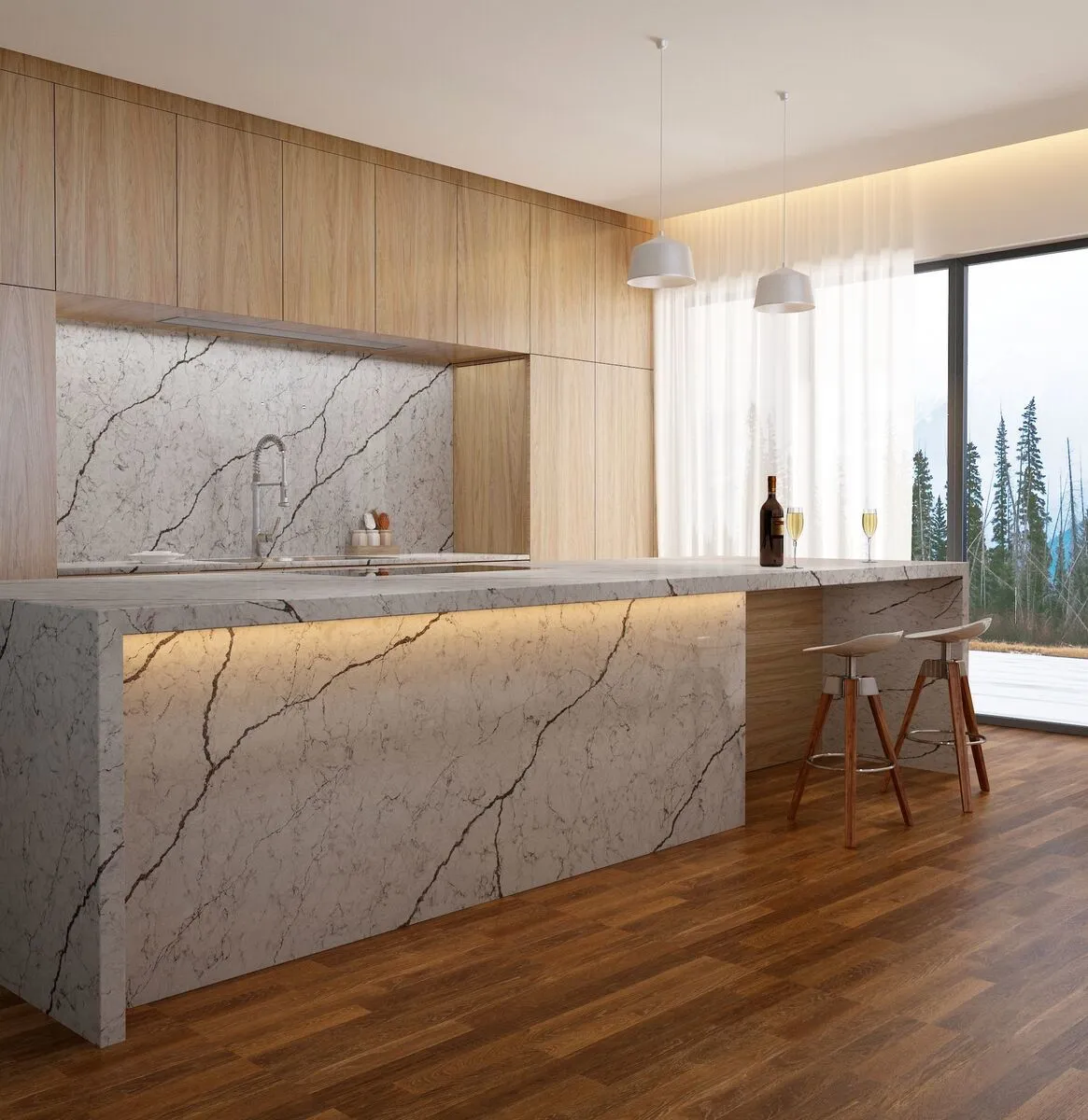 Image of installed Vicostone Diamante Grey Quartz countertops