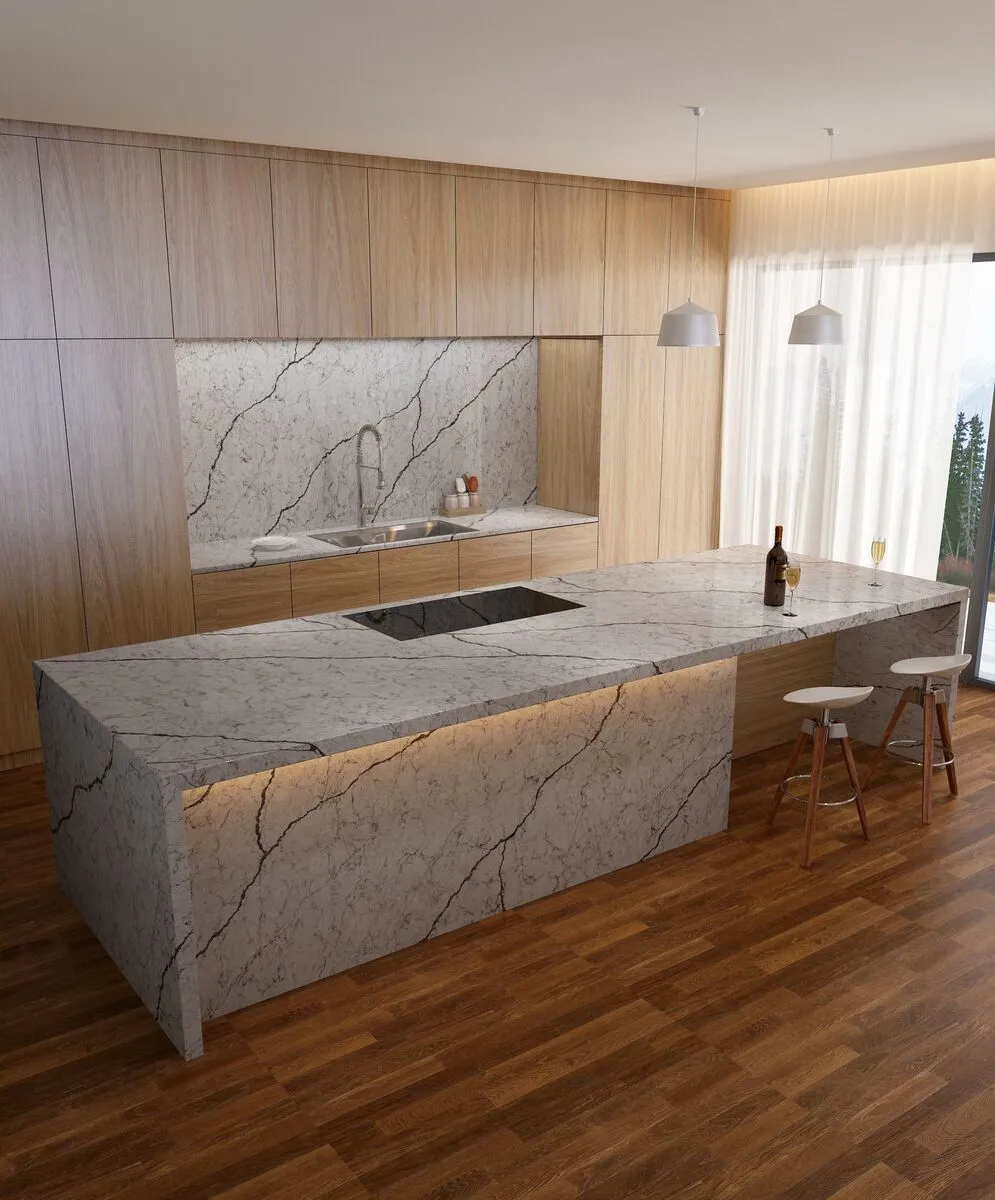 Image of installed Vicostone Diamante Grey Quartz countertops