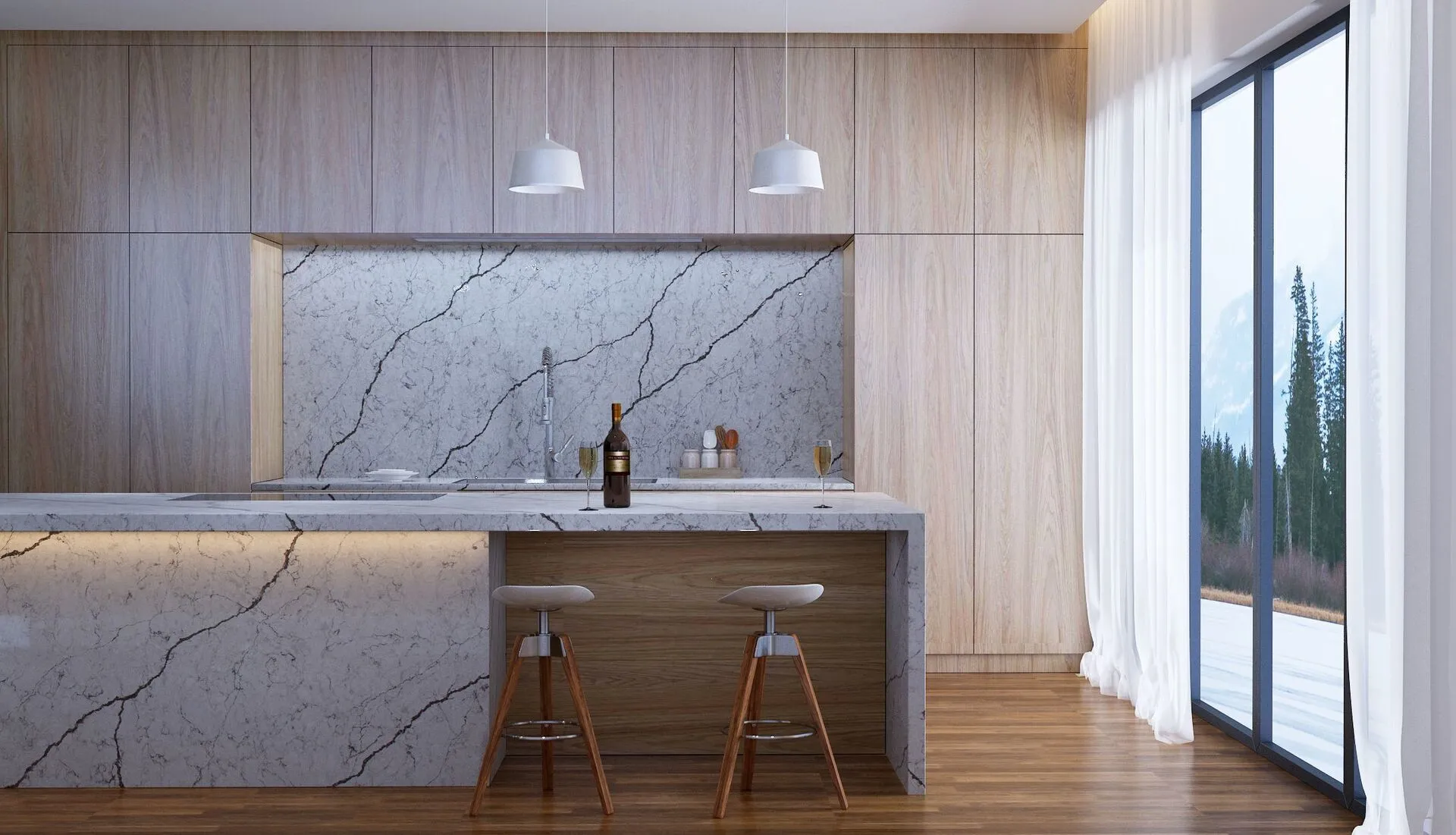 Image of installed Vicostone Diamante Grey Quartz countertops