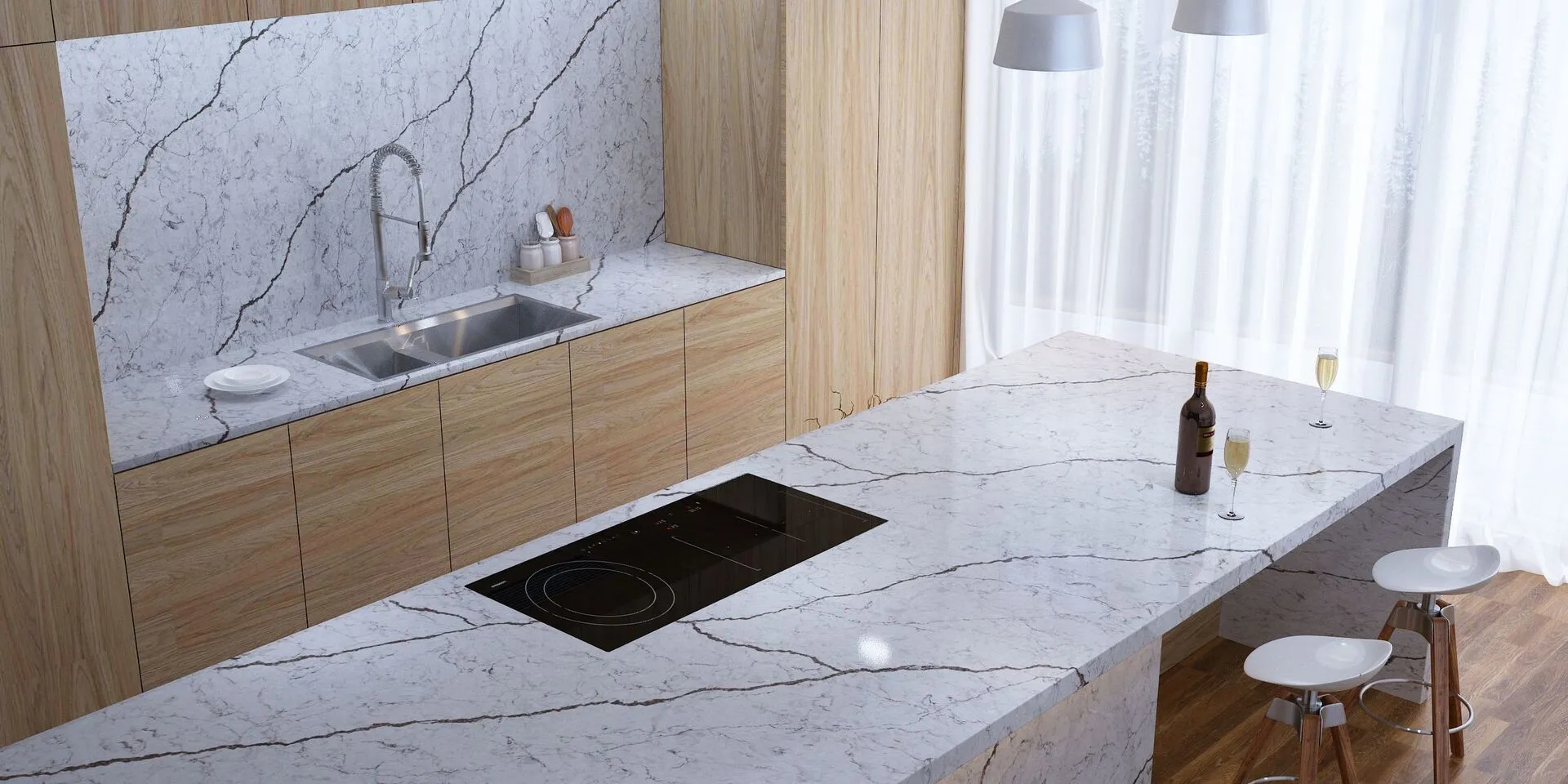 Image of installed Vicostone Diamante Grey Quartz countertops