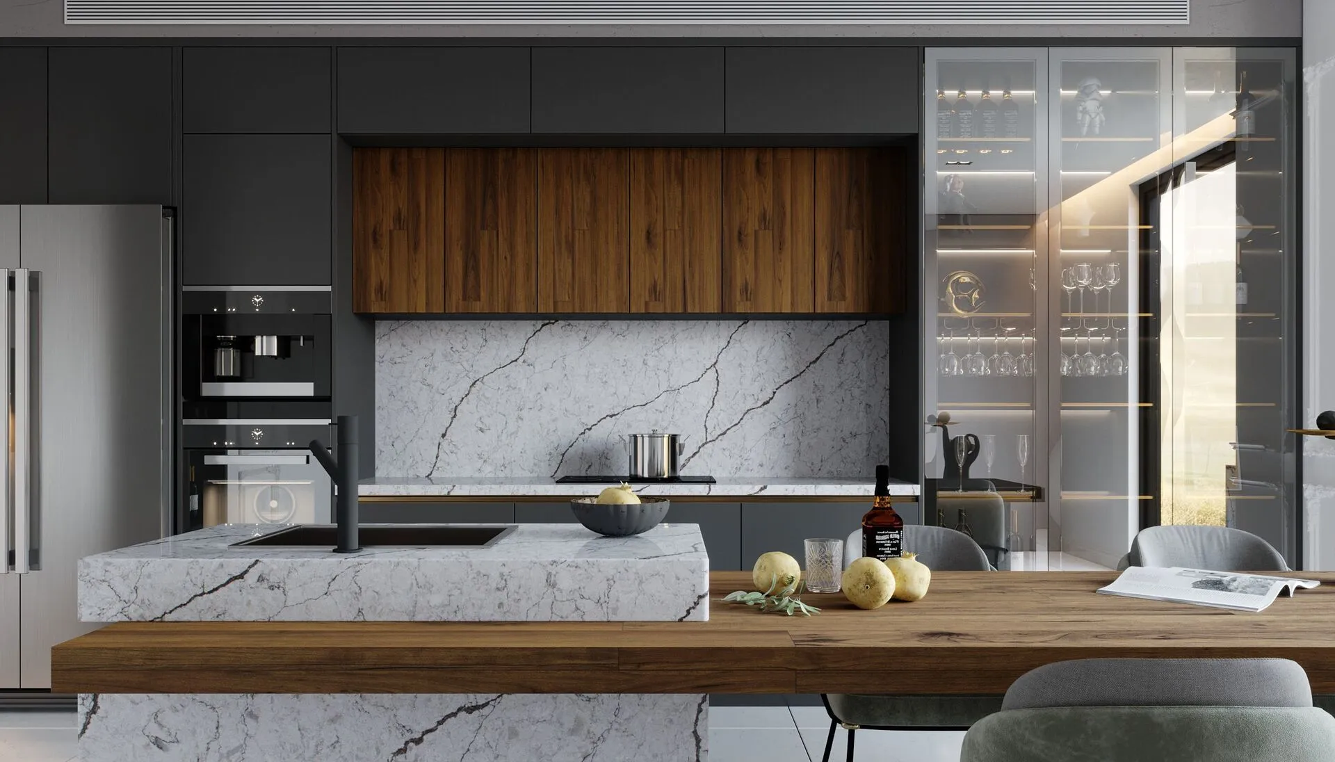 Image of installed Vicostone Diamante Grey Quartz countertops