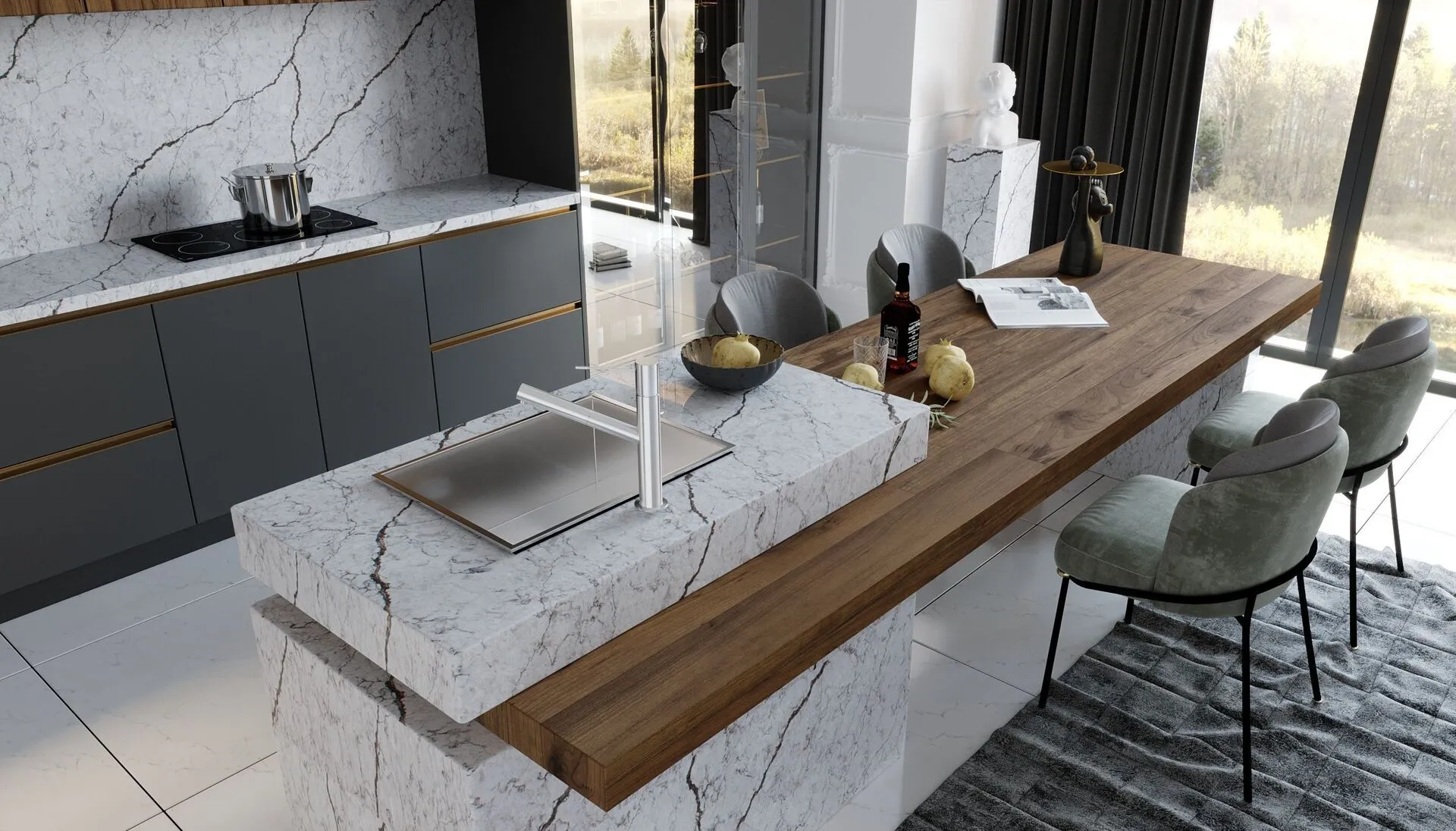 Image of installed Vicostone Diamante Grey Quartz countertops