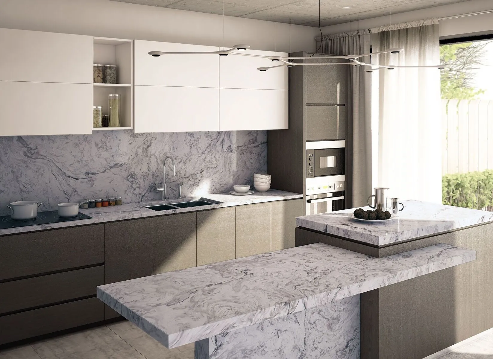 Image of installed Vicostone White Fusion Grey Quartz countertops