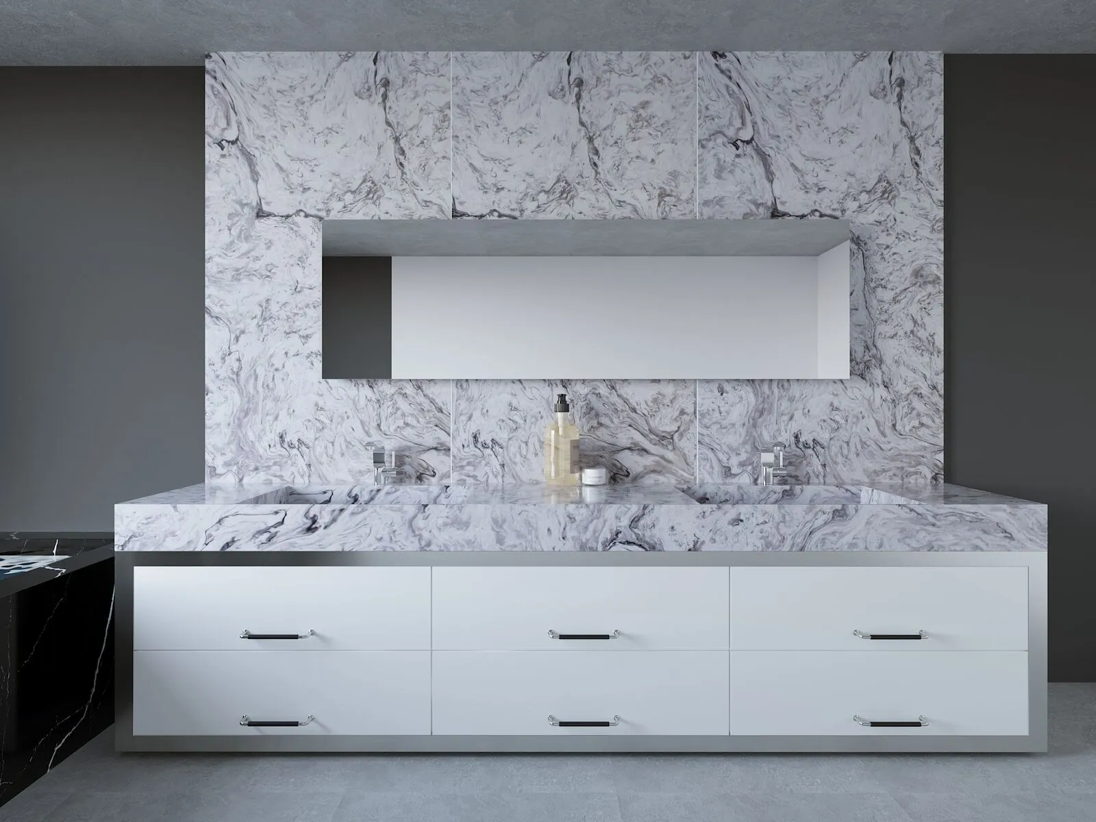 Image of installed Vicostone White Fusion Grey Quartz countertops
