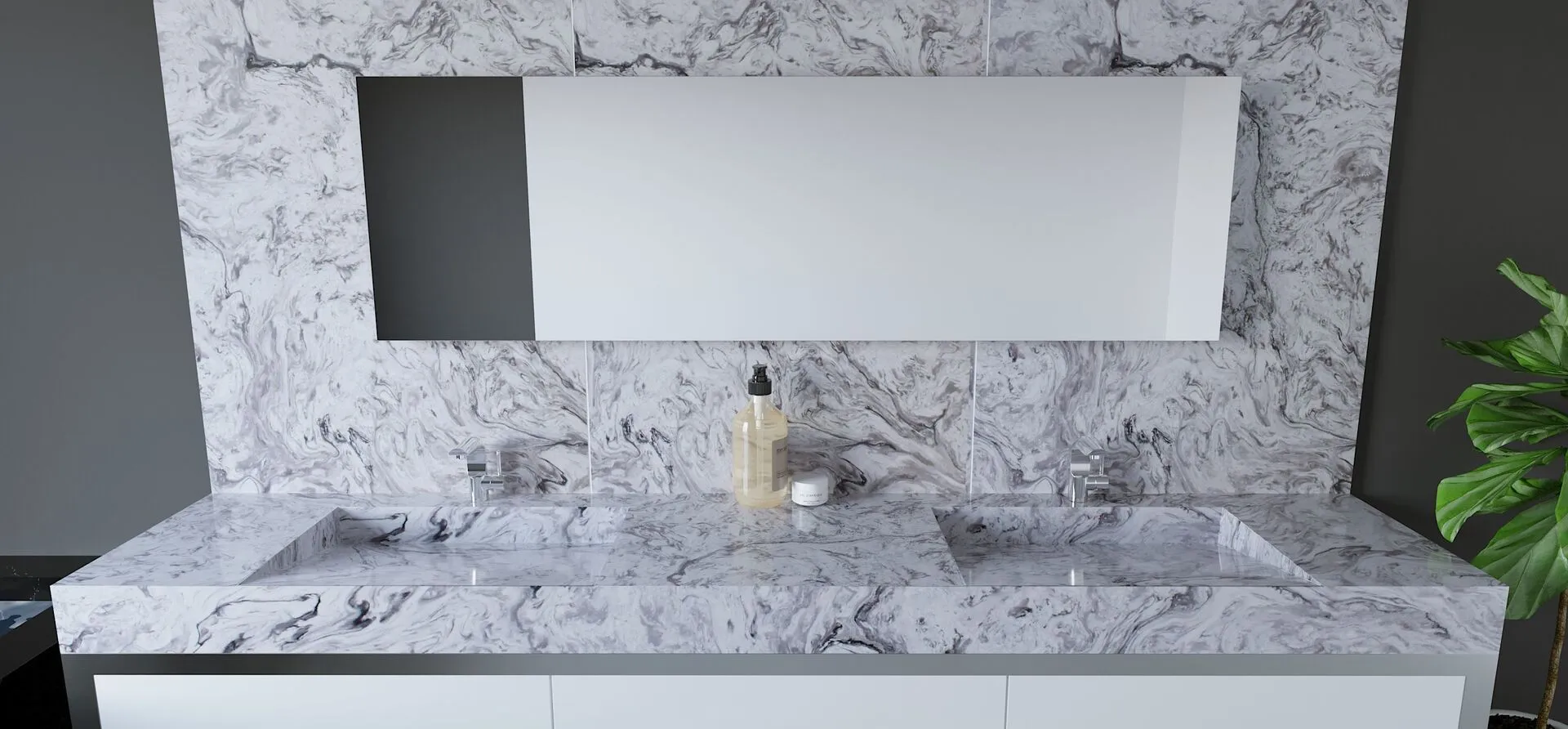 Image of installed Vicostone White Fusion Grey Quartz countertops