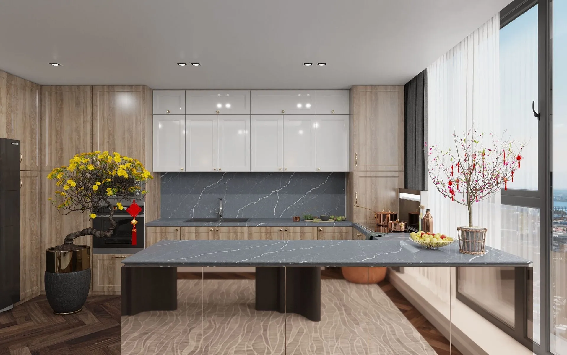 Image of installed Vicostone Cemento Quartz countertops