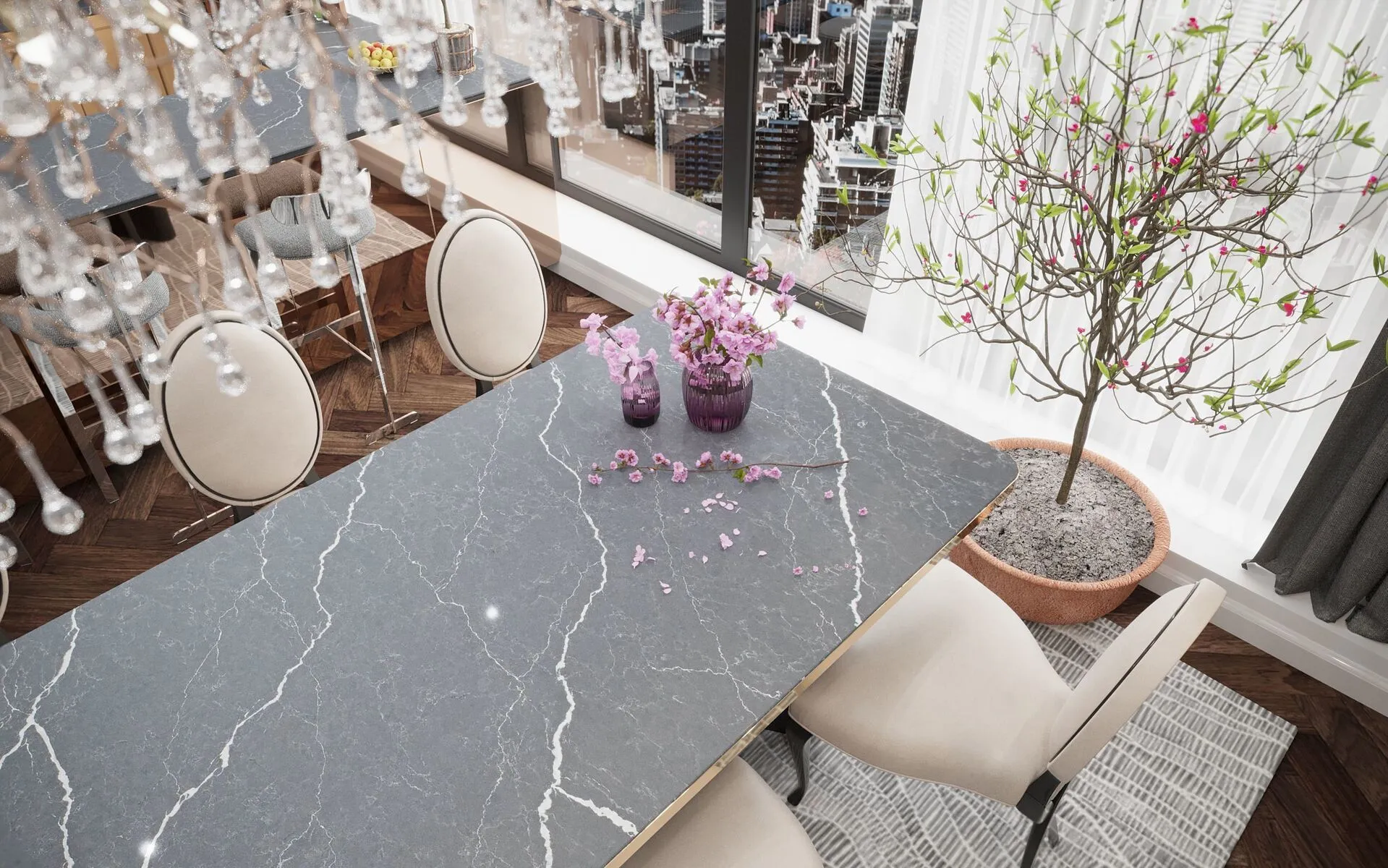 Image of installed Vicostone Cemento Quartz countertops