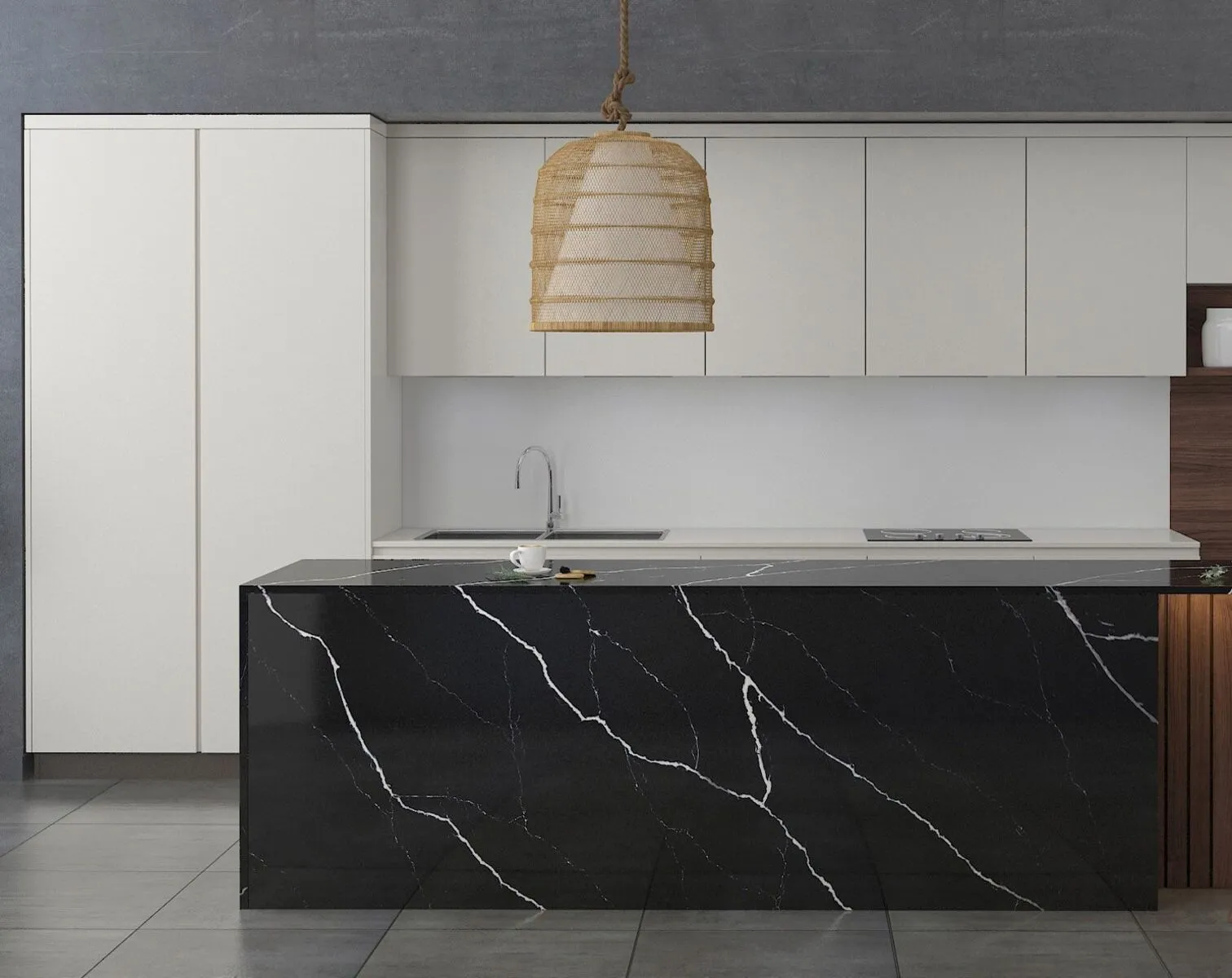 Image of installed Vicostone Nero Marquina Quartz countertops