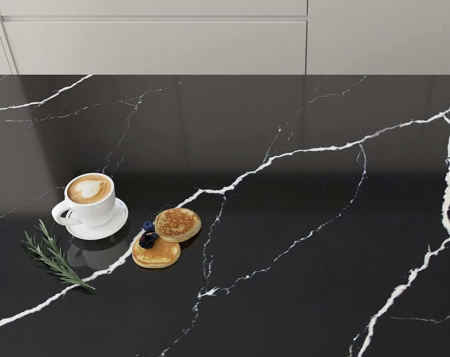 Image of installed Vicostone Nero Marquina Quartz countertops