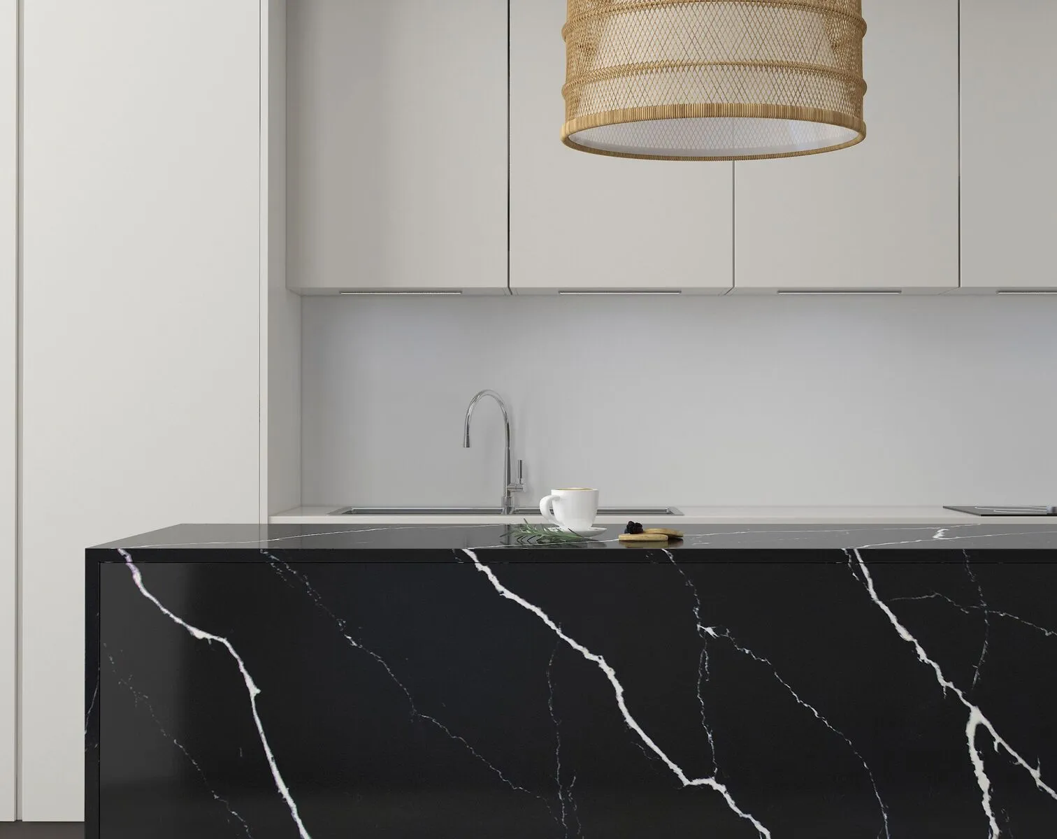 Image of installed Vicostone Nero Marquina Quartz countertops