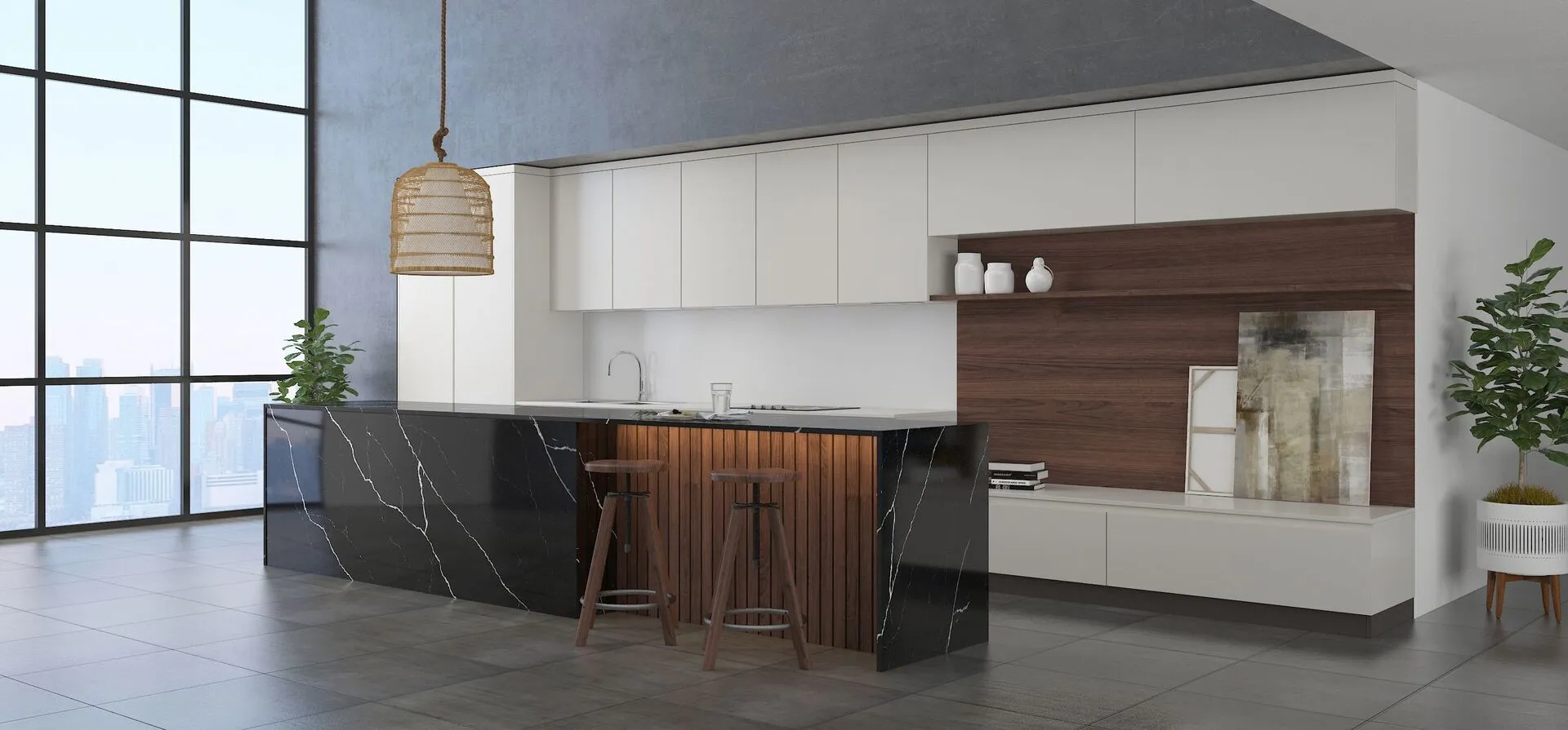 Image of installed Vicostone Nero Marquina Quartz countertops