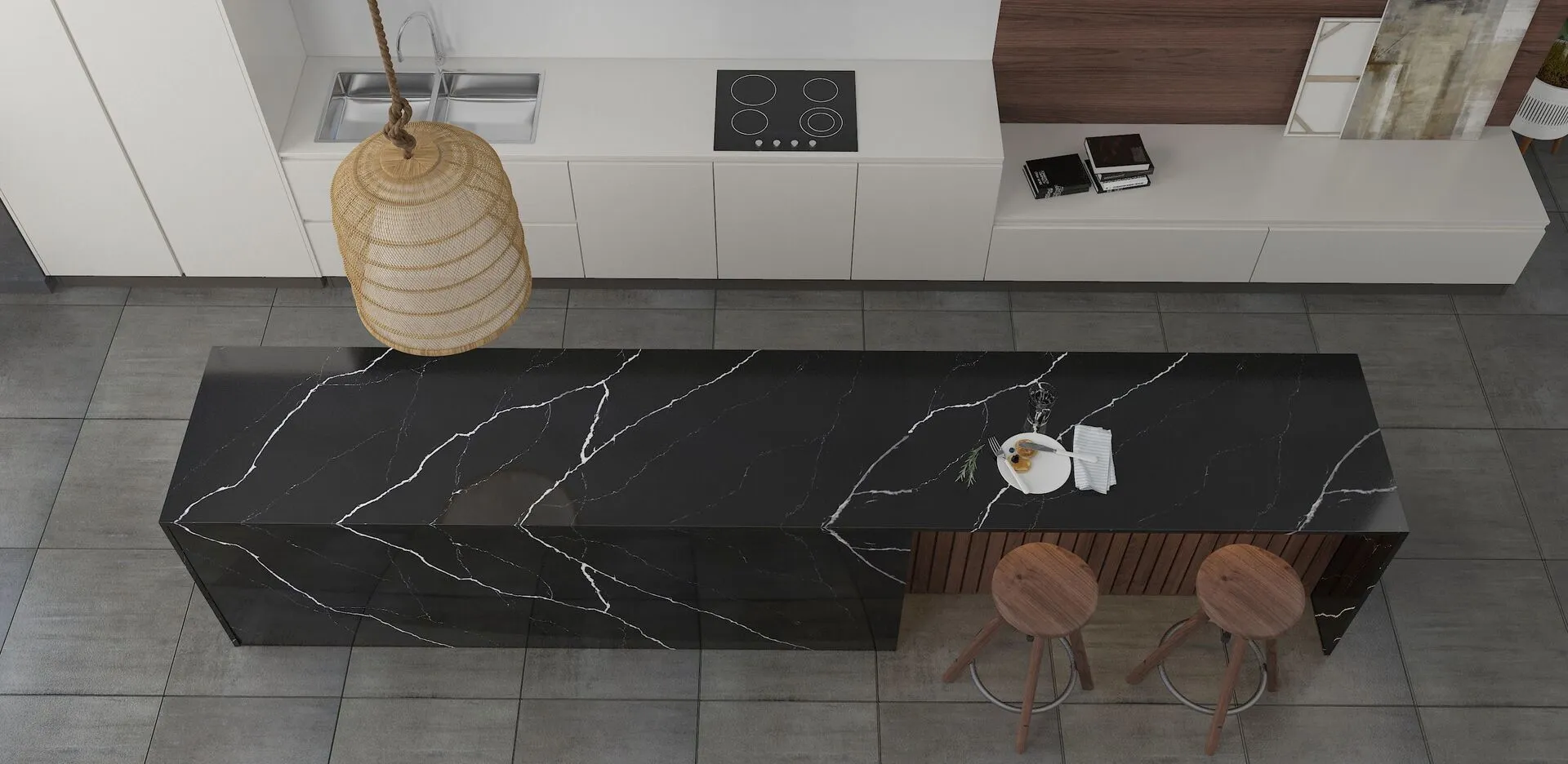 Image of installed Vicostone Nero Marquina Quartz countertops