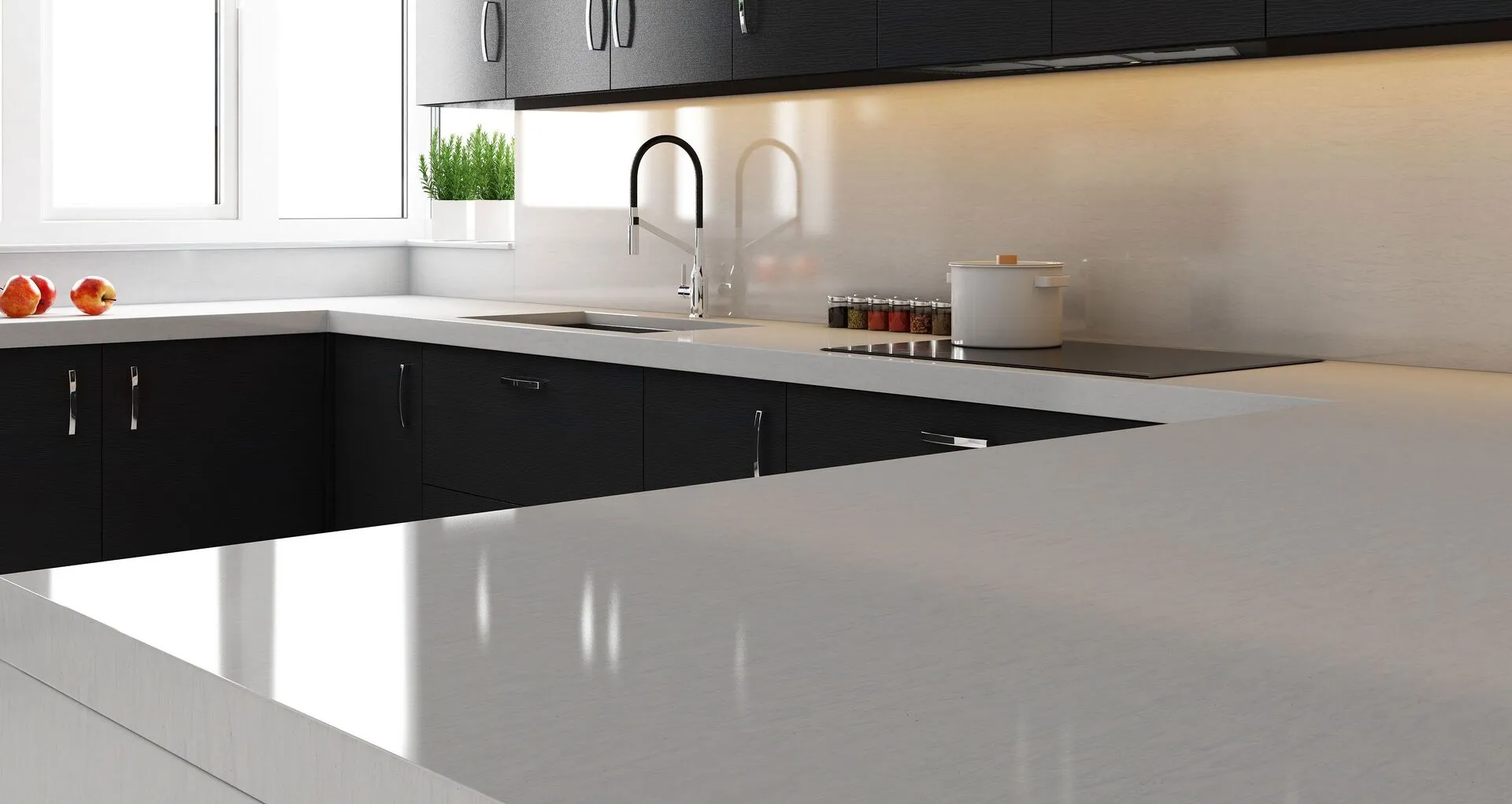 Image of installed Vicostone Bella Blanco Grey Quartz countertops