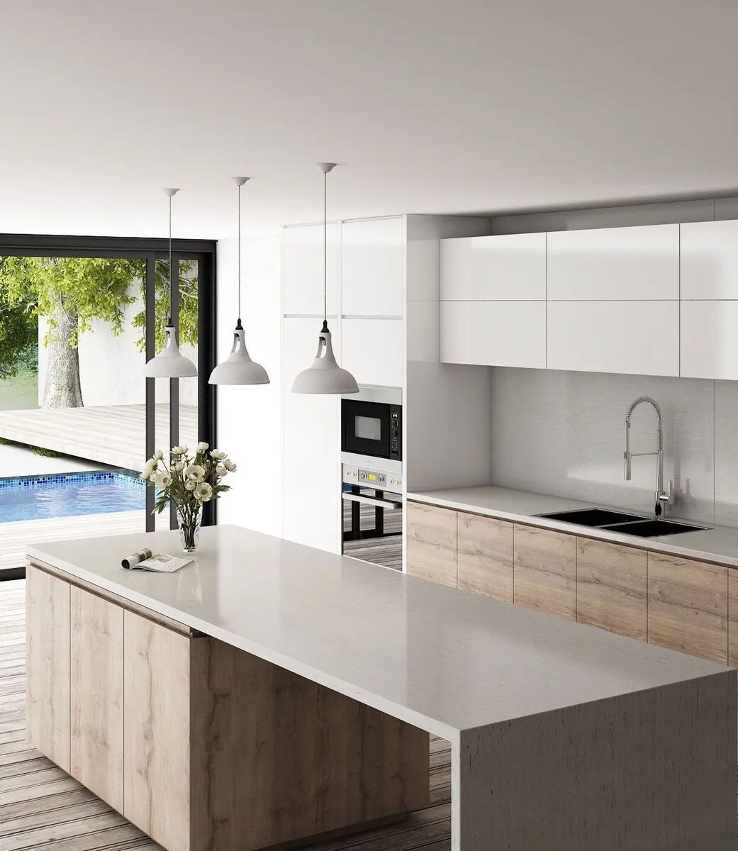 Image of installed Vicostone Acacia Quartz countertops
