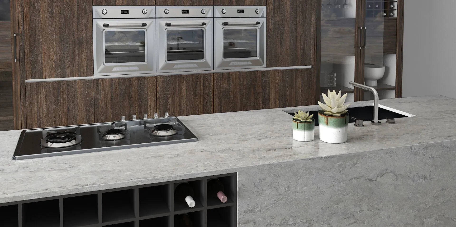 Image of installed Vicostone Elysian Quartz countertops